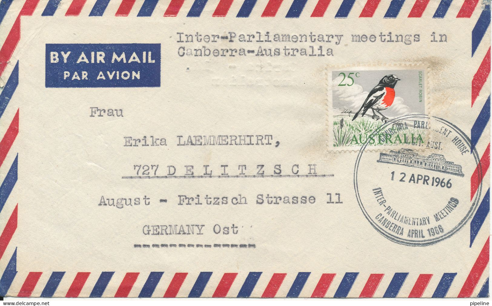 Australia Air Mail Cover Sent To Germany DDR 12-4-1966 Inter-Parliamentary Meetings In Canbearry Australia - Cartas & Documentos