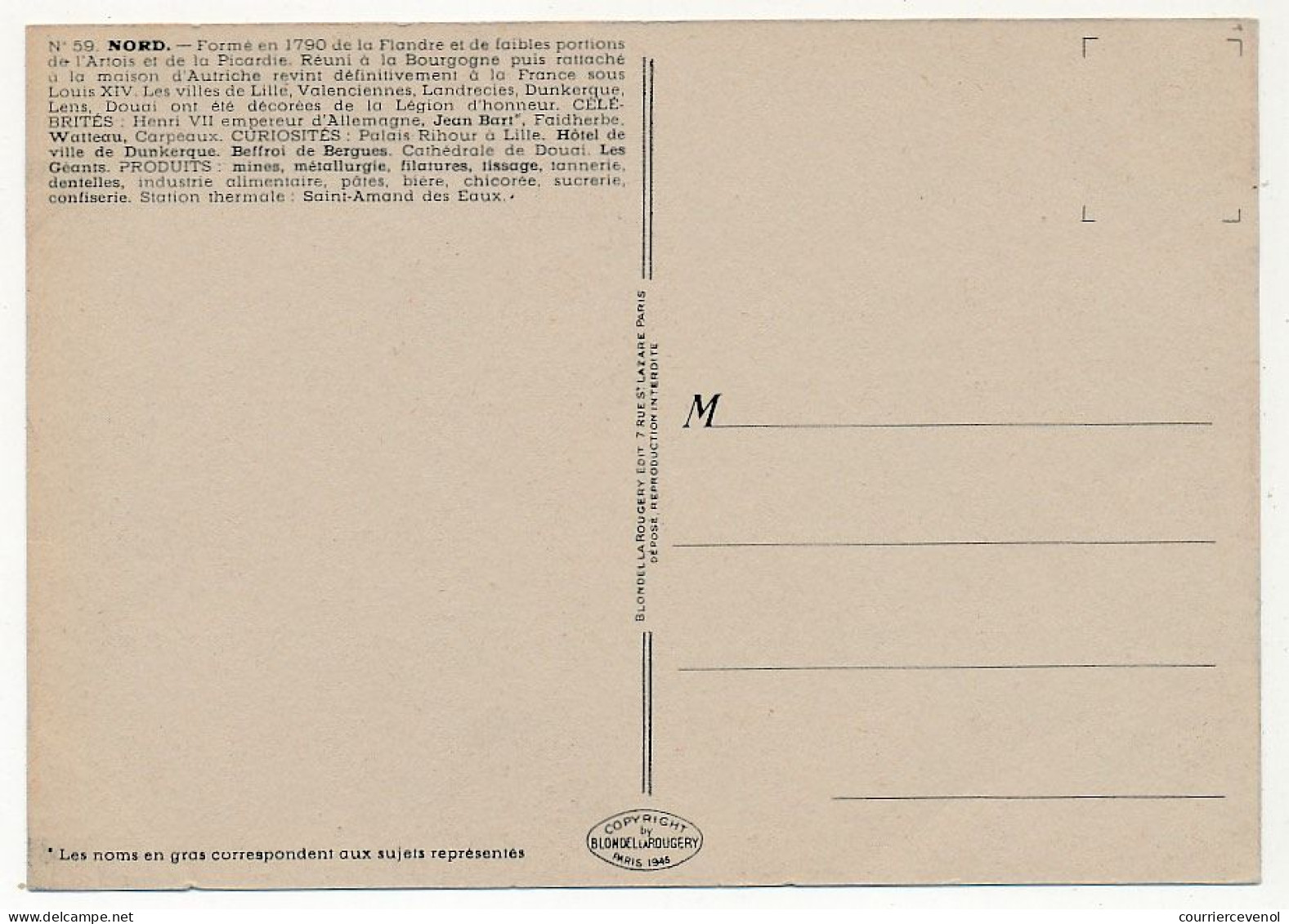 CPSM - NORD - Carte Du Département Du Nord - Blondel La Rougery édit. - 1945 - Autres & Non Classés