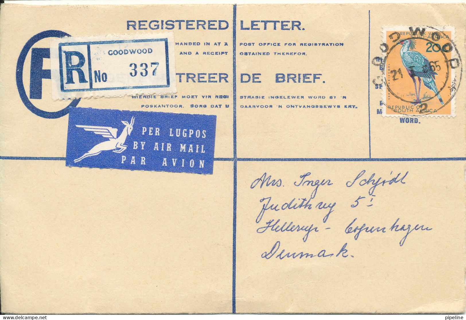 South Africa Registered Cover Sent To Denmark Goodwood 21-1-1965 Single Franked - Lettres & Documents