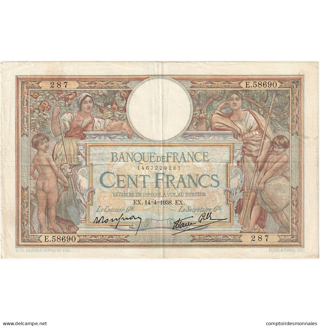 France, 100 Francs, Luc Olivier Merson, 1938, E.58690, TTB, Fayette:25.15 - 100 F 1908-1939 ''Luc Olivier Merson''