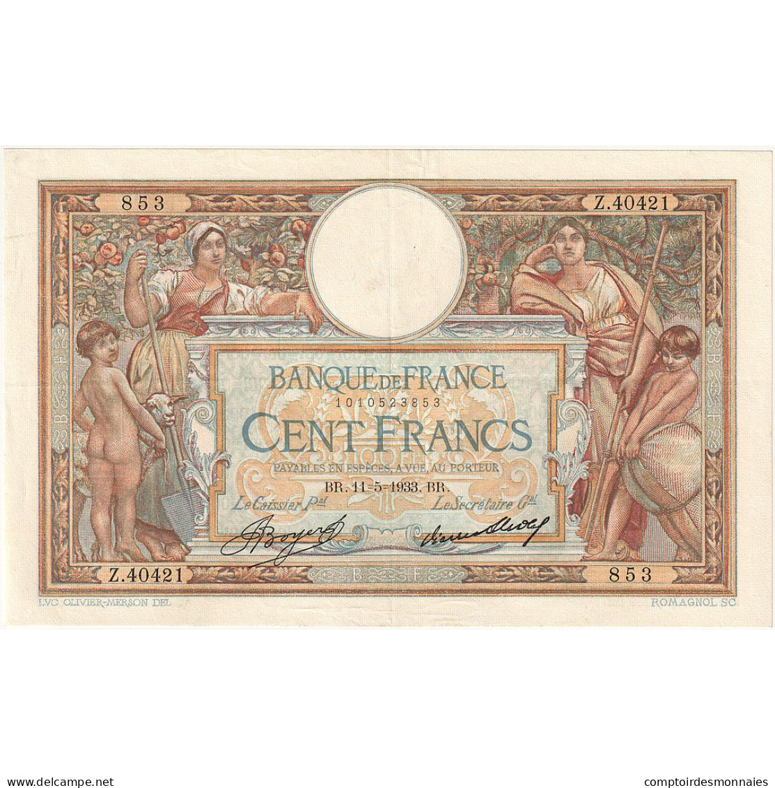 France, 100 Francs, Luc Olivier Merson, 1933, Z.40421, SUP, Fayette:24.12 - 100 F 1908-1939 ''Luc Olivier Merson''