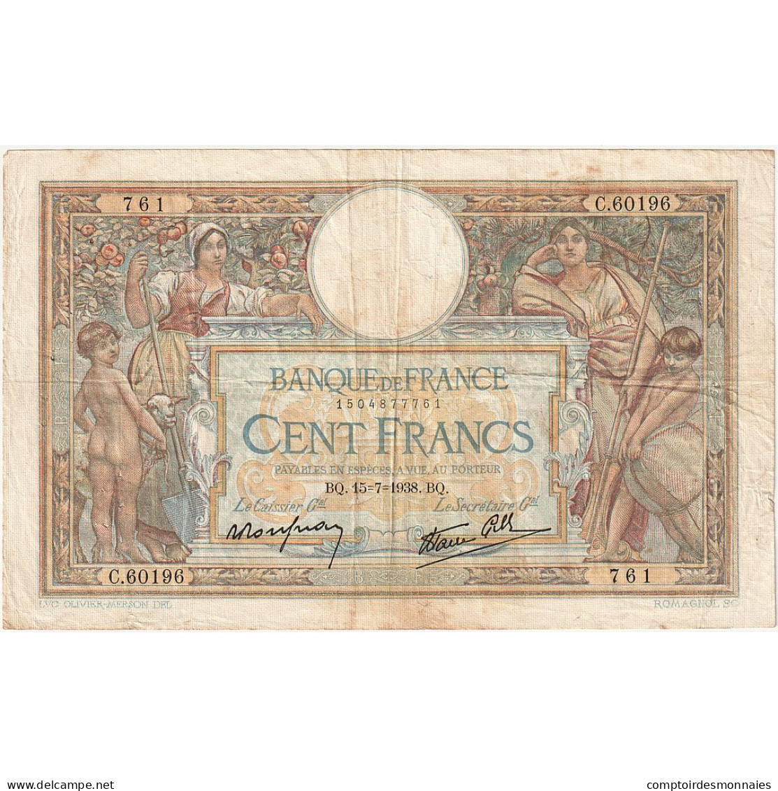 France, 100 Francs, Luc Olivier Merson, 1938, C.60196, TB, Fayette:25.26, KM:86b - 100 F 1908-1939 ''Luc Olivier Merson''