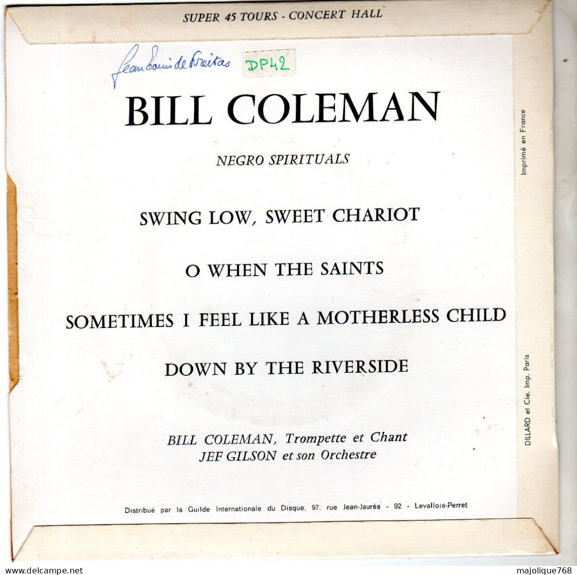 Disque De Bill Coleman - Négro Spirituals - Concert Hall V 581 - France 1969 - Canciones Religiosas Y  Gospels