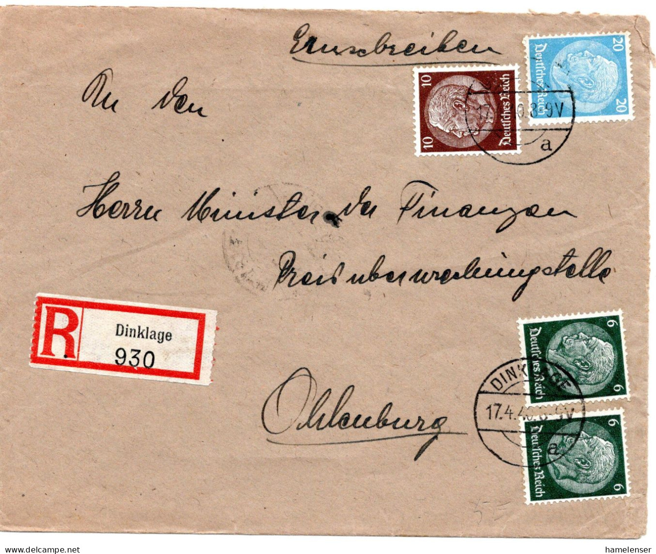 62113 - Deutsches Reich - 1940 - 20Pfg Hindenburg MiF A R-Bf DINKLAGE -> OLDENBURG - Covers & Documents