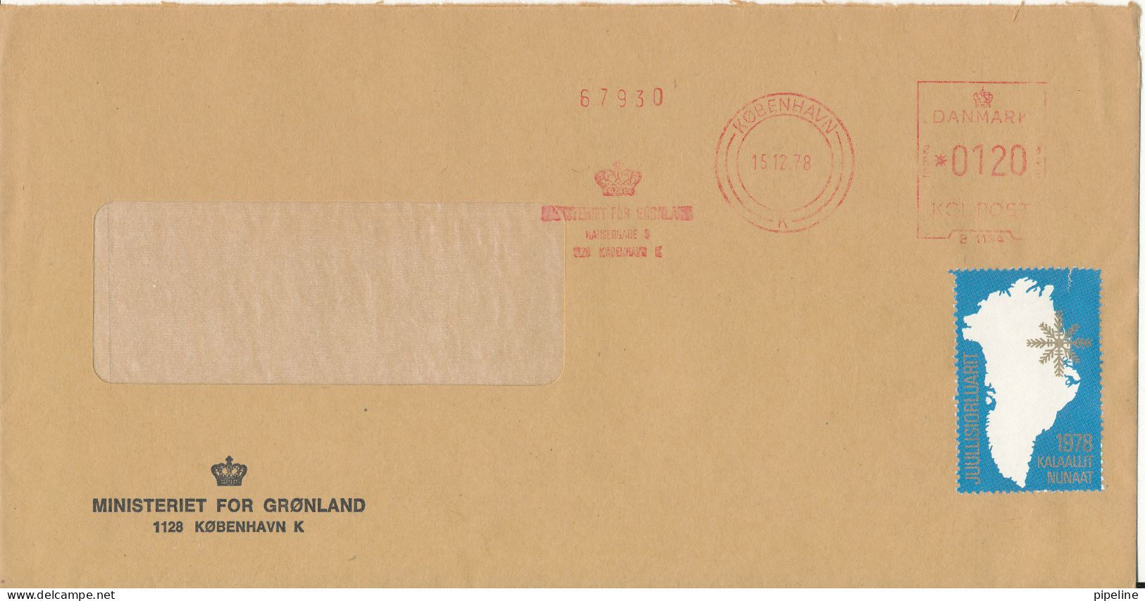 Denmark Cover With Red Meter Cancel Copenhagen 15-12-1978 Ministeriet For Grönland - Covers & Documents