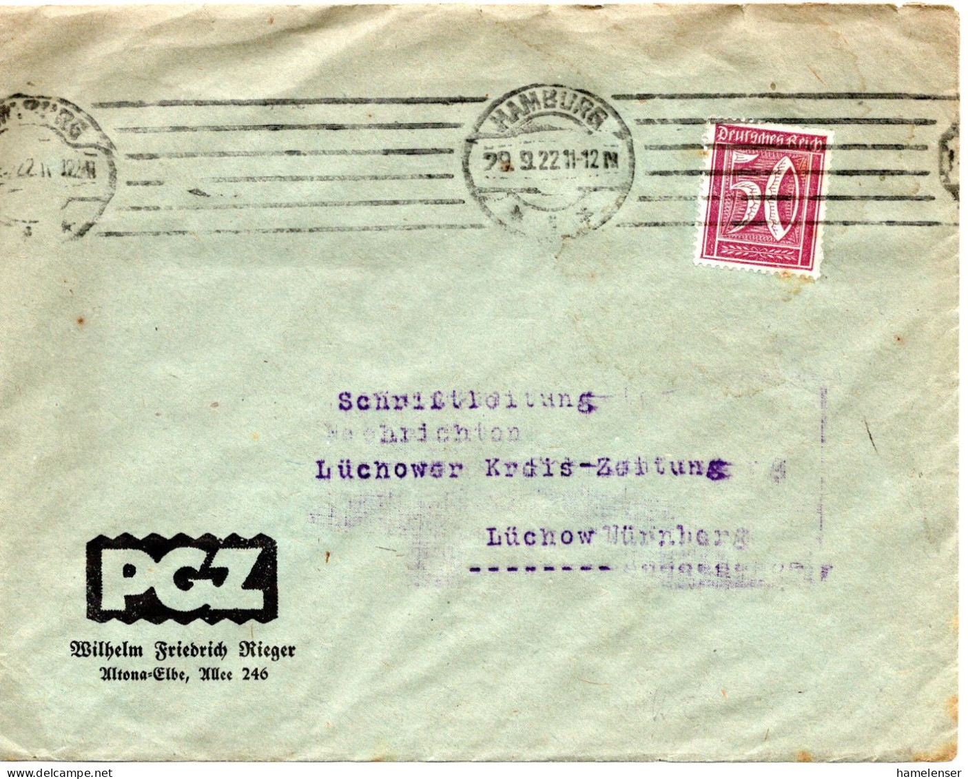 62120 - Deutsches Reich - 1922 - 50Pfg Ziffer EF A Bf HAMBURG -> Luechow - Storia Postale