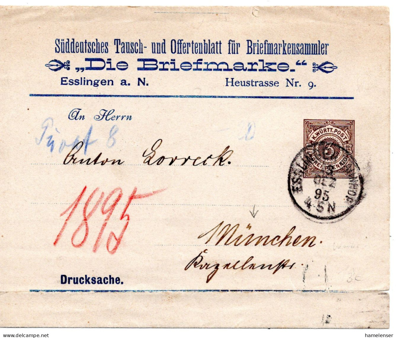 62127 - Altdeutschland / Wuerttemberg - 1895 - 3Pfg PGAStreifband "Die Briefmarke" ESSLINGEN -> Gernsbach - Postal  Stationery