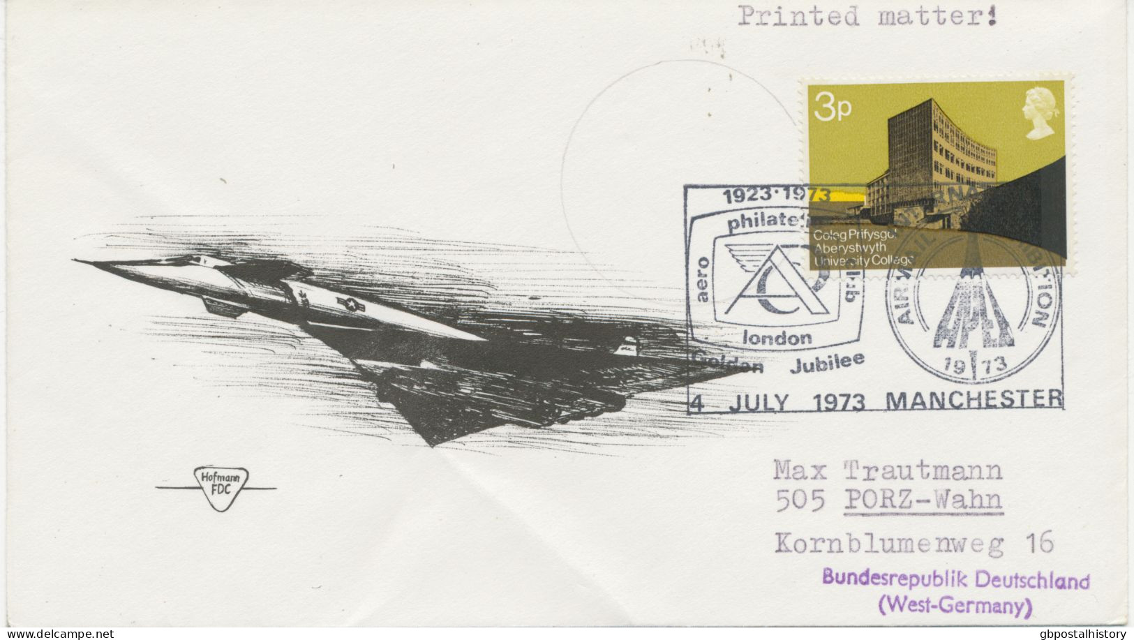 GB 1973 University 3p Single Postage On Printed Matter Flight Cover W Special Handstamp INTERNATIONAL AIRMAIL EXHIBITION - Entiers Postaux