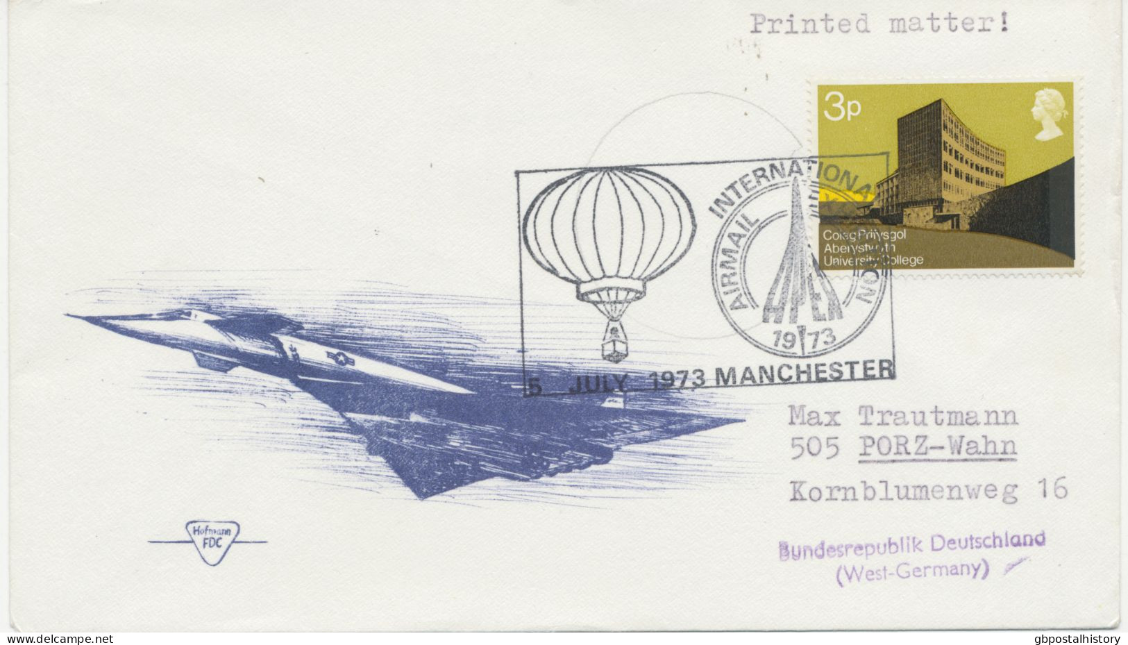 GB 1973 University 3p Single Postage On Printed Matter Flight Cover W Special Handstamp INTERNATIONAL AIRMAIL EXHIBITION - Entiers Postaux