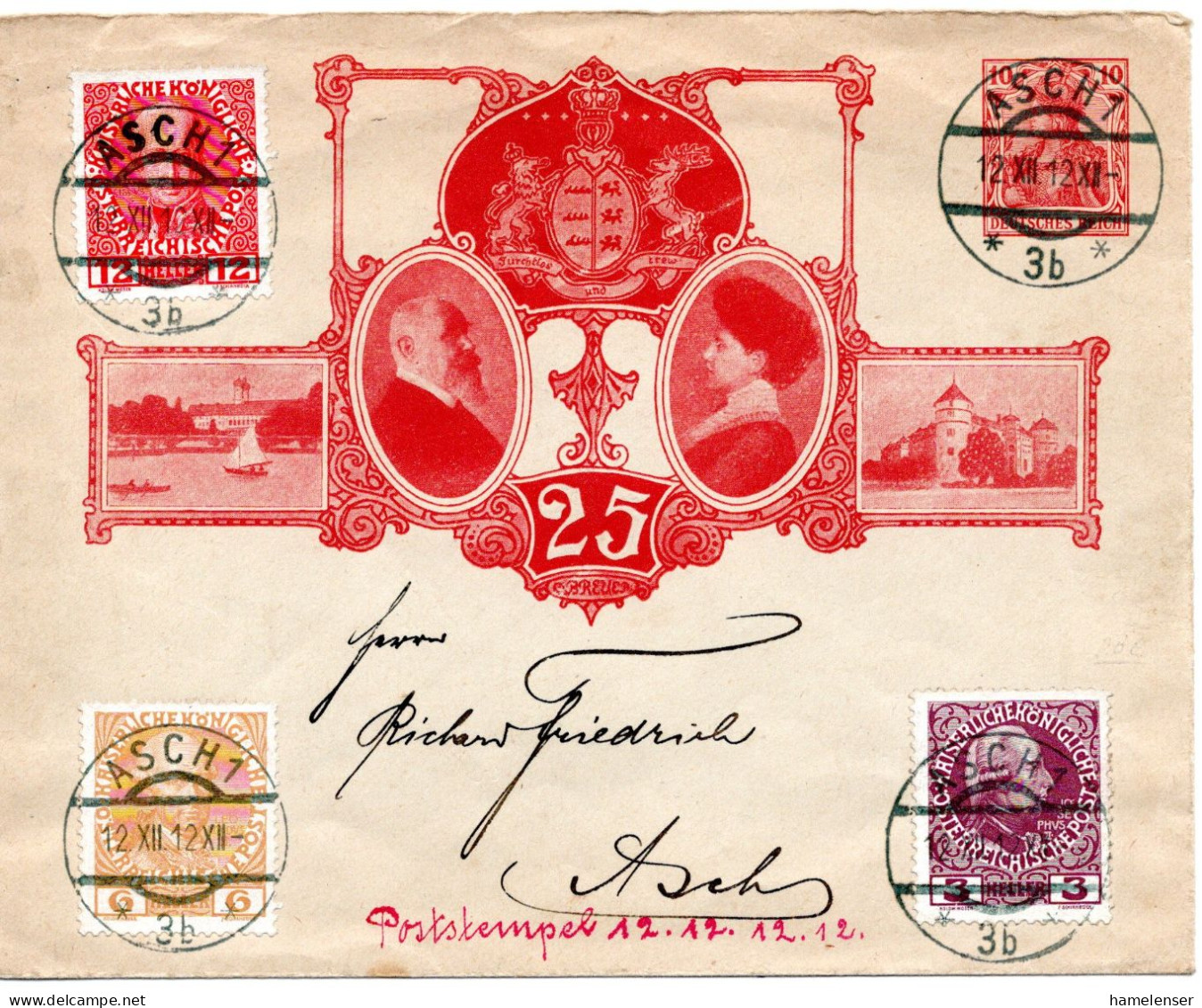 62133 - Deutsches Reich - 1912 - 10Pfg Germania PGAUmschl M Oesterr ZusFrankatur Als OrtsBf ASCH - Enveloppes