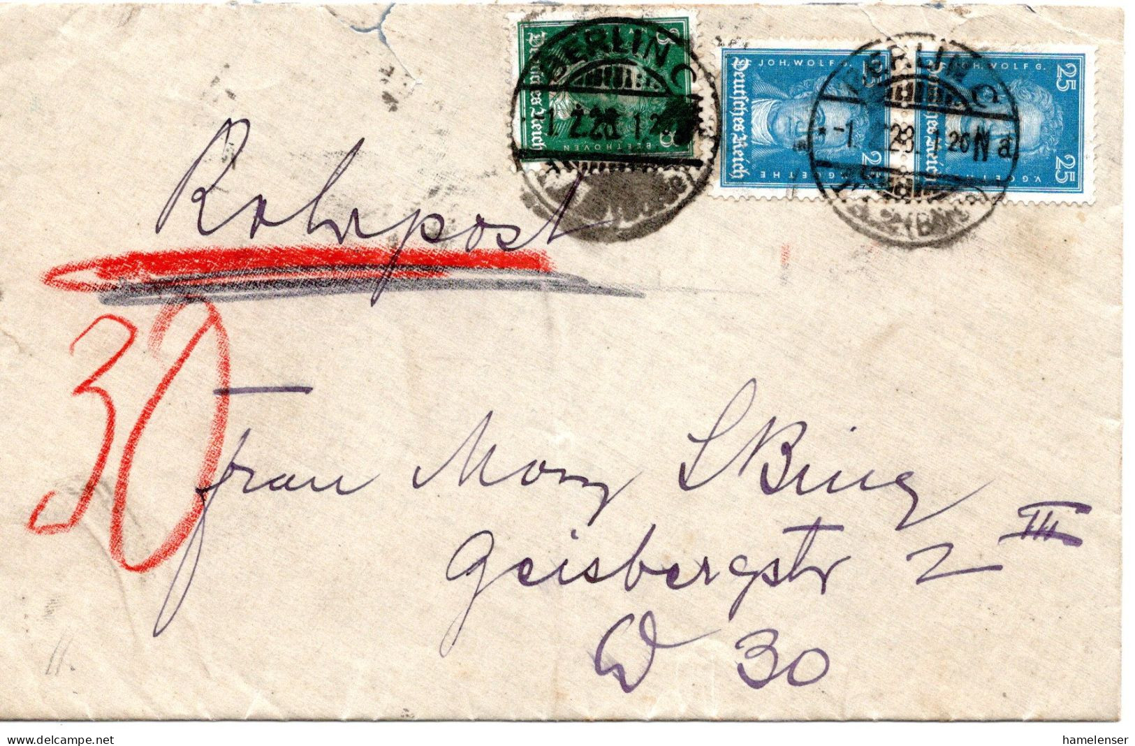 62134 - Deutsches Reich - 1928 - 2@25Pfg Goethe MiF A Rohrpost-OrtsBf BERLIN - Lettres & Documents