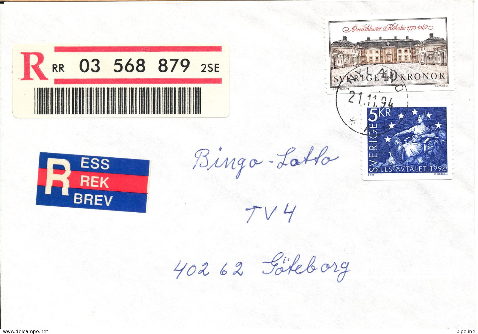 Sweden Registered Cover Sent To Göteborg 21-11-1994 - Briefe U. Dokumente