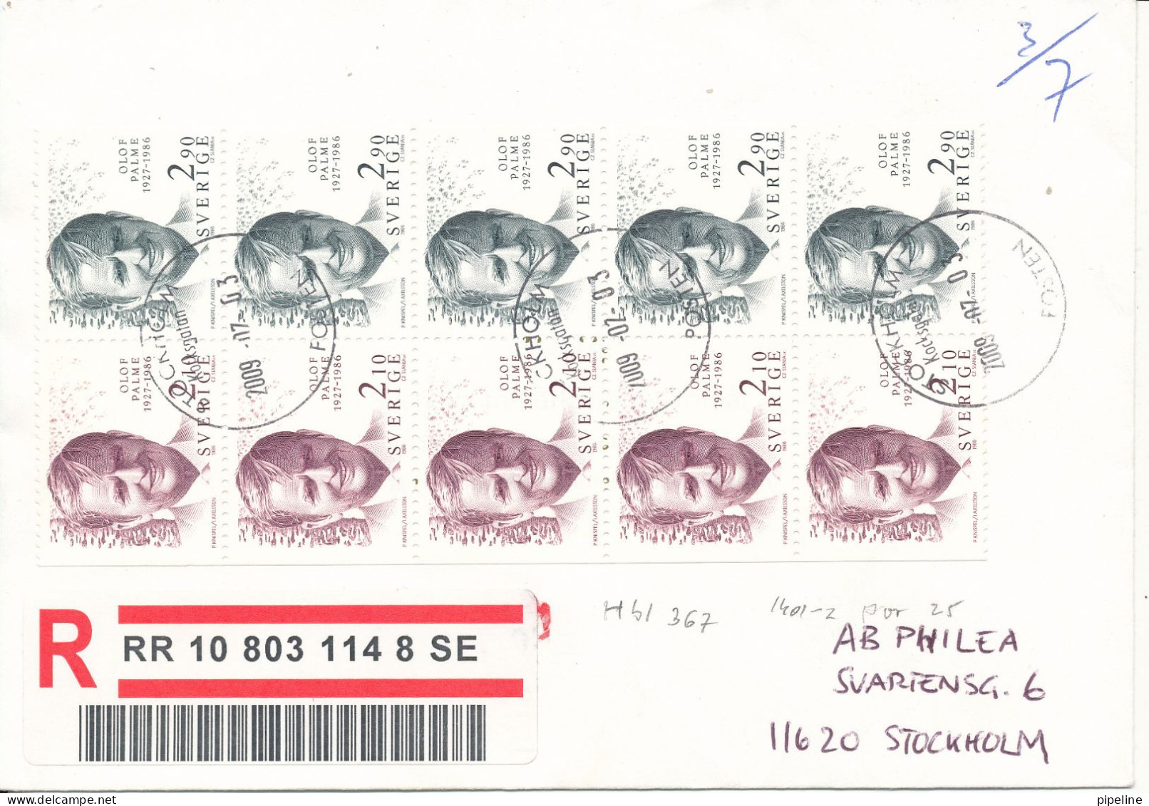 Sweden Registered Cover Sent To Stockholm 3-7-2009 With 2 X Booklet Panes Oluf Palme 5 Pair And Christmas 5 Pair - Brieven En Documenten