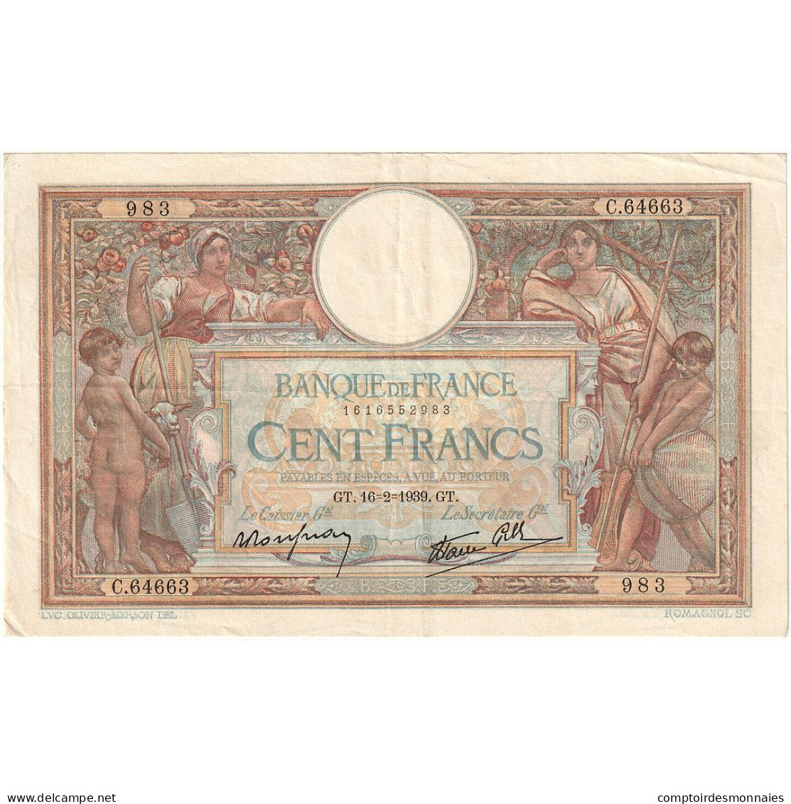 France, 100 Francs, Luc Olivier Merson, 1939, C.64663, TTB+, Fayette:25.43 - 100 F 1908-1939 ''Luc Olivier Merson''