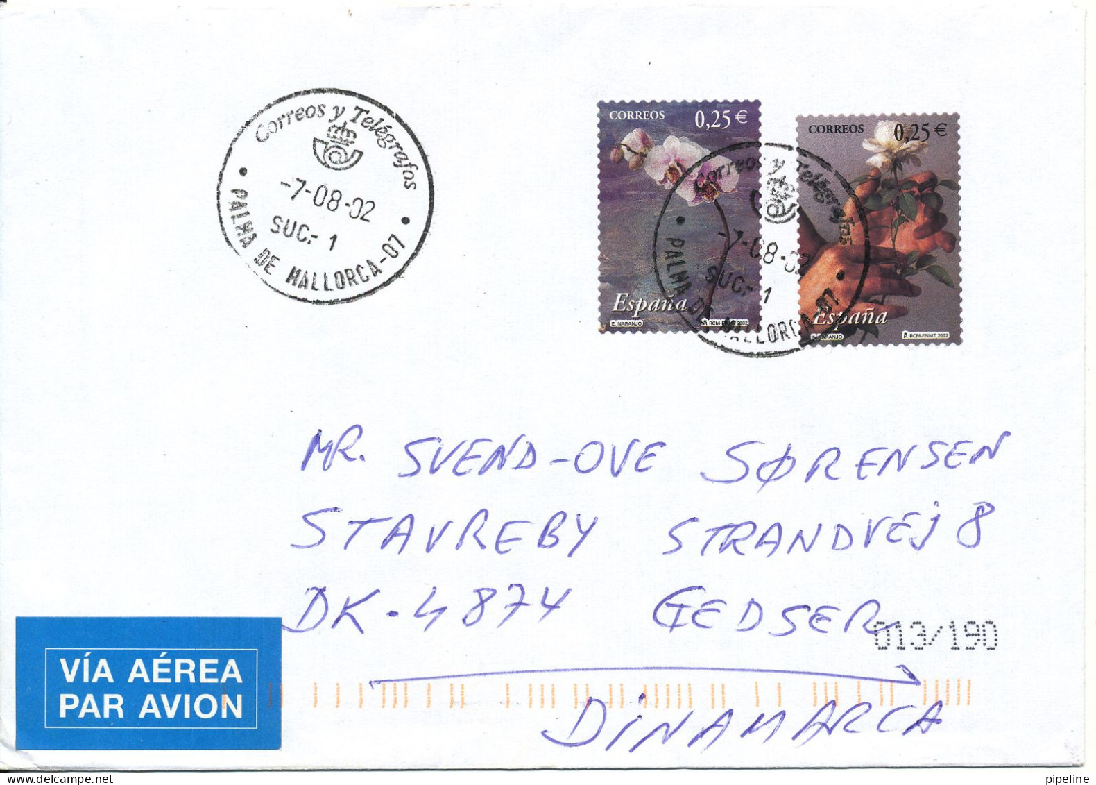 Spain Cover Sent To Denmark 7-8-2002 Topic Stamps FLOWERS - Briefe U. Dokumente