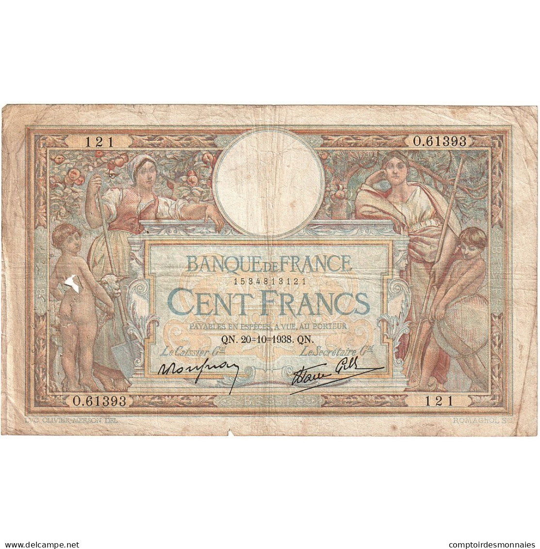 France, 100 Francs, Luc Olivier Merson, 1938, O.61393, B, Fayette:25.32, KM:86b - 100 F 1908-1939 ''Luc Olivier Merson''