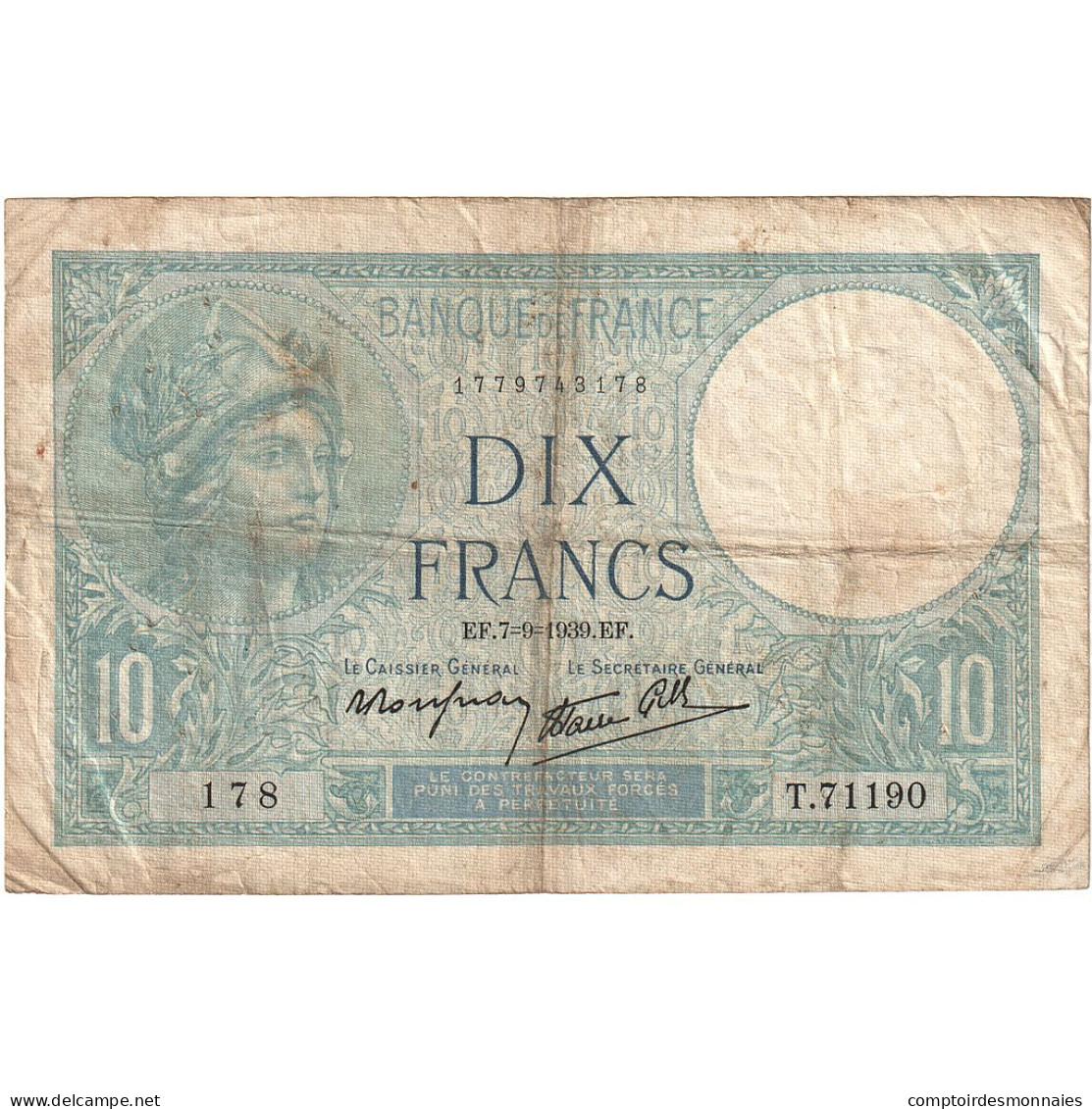 France, 10 Francs, Minerve, 1939, T.71190, TB, Fayette:07.06, KM:84 - 10 F 1916-1942 ''Minerve''