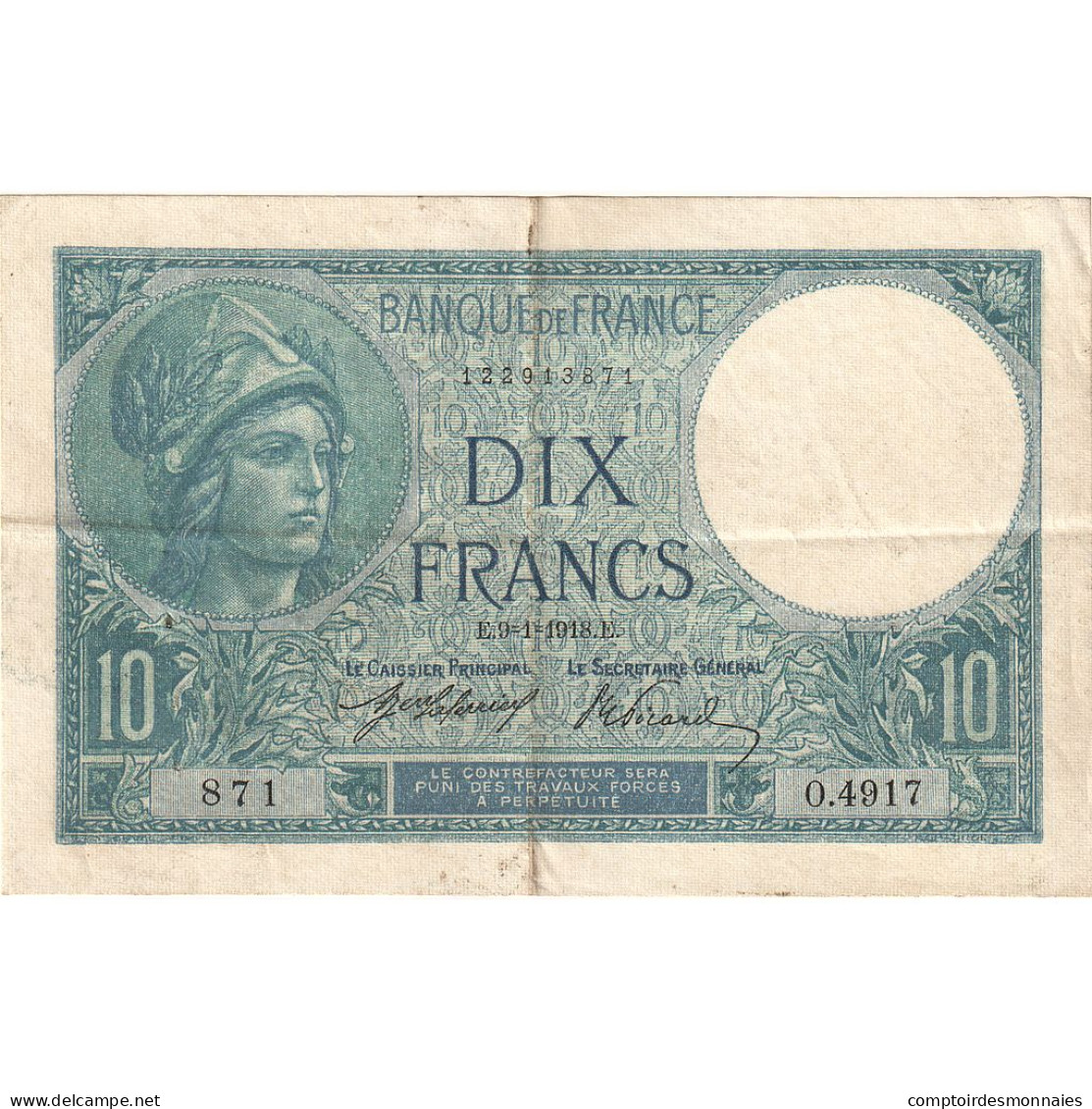 France, 10 Francs, Minerve, 1918, O.4917, TTB, Fayette:6.3, KM:73a - 10 F 1916-1942 ''Minerve''