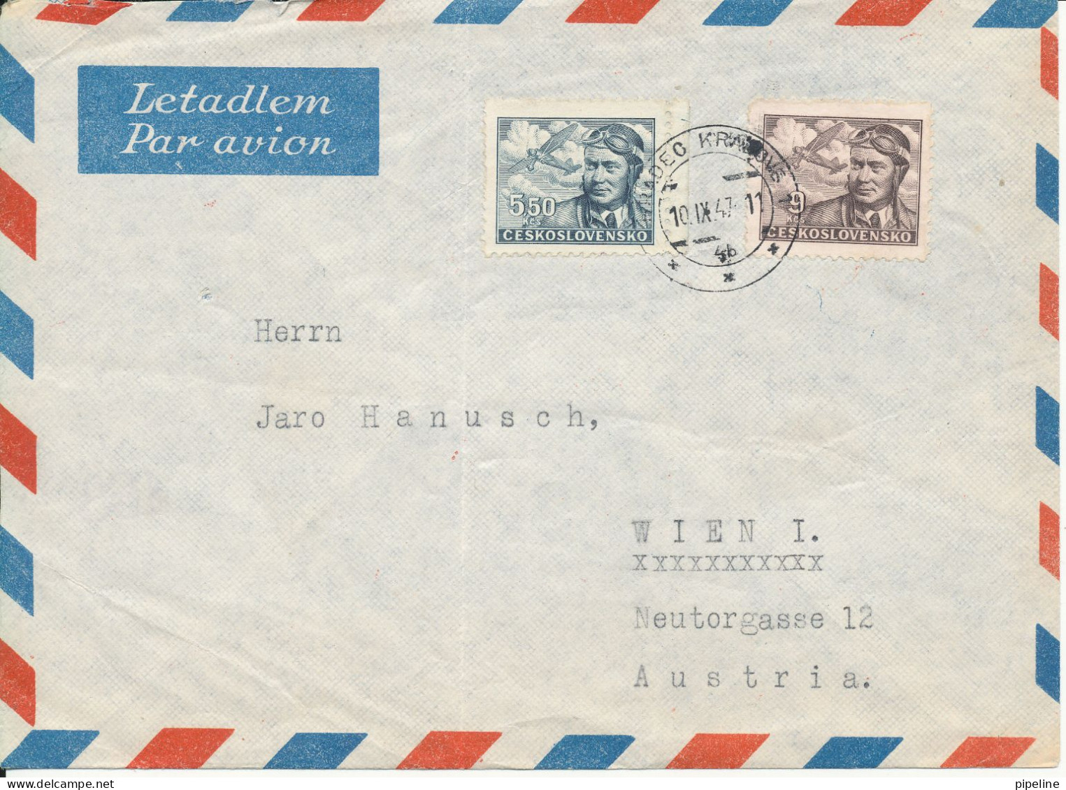 Czechoslovakia Air Mail Cover Sent To Denmark 10-9-1947 The Cover Is A Bit Folded And With Hinged Marks On The Backside - Corréo Aéreo