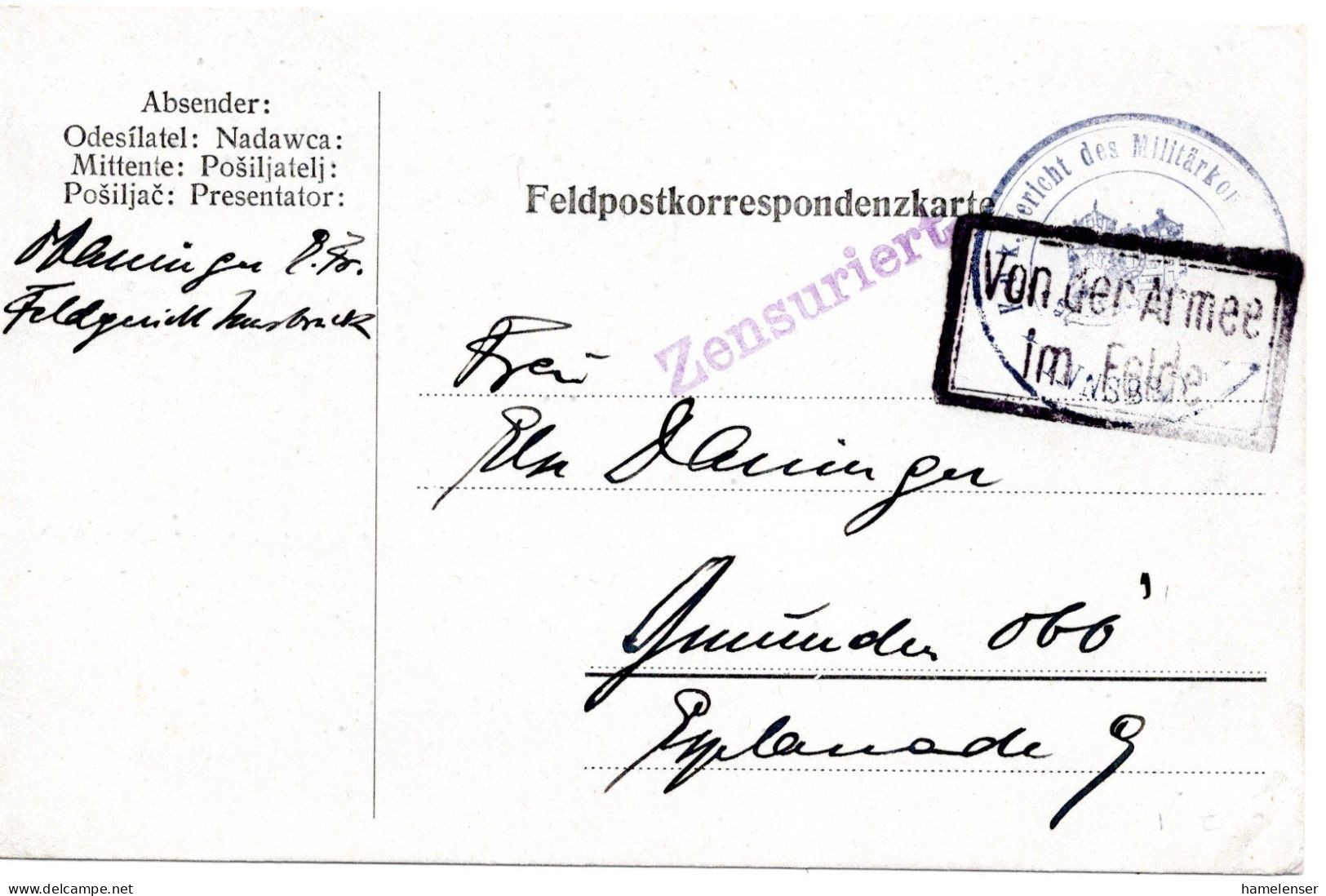 62137 - Österreich - 1917 - Zens FpKte V Feldgericht Innsbruck Kastenstpl VON DER ARMEE IM FELDE -> Gmunden - Storia Postale