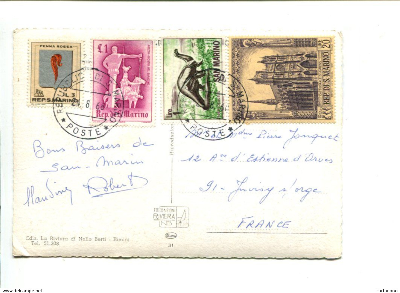 République De SAINT MARIN - Affranchissement Sur Carte Postale Pour La France - Dinosaure / Cavalier / Cathédrale - Covers & Documents