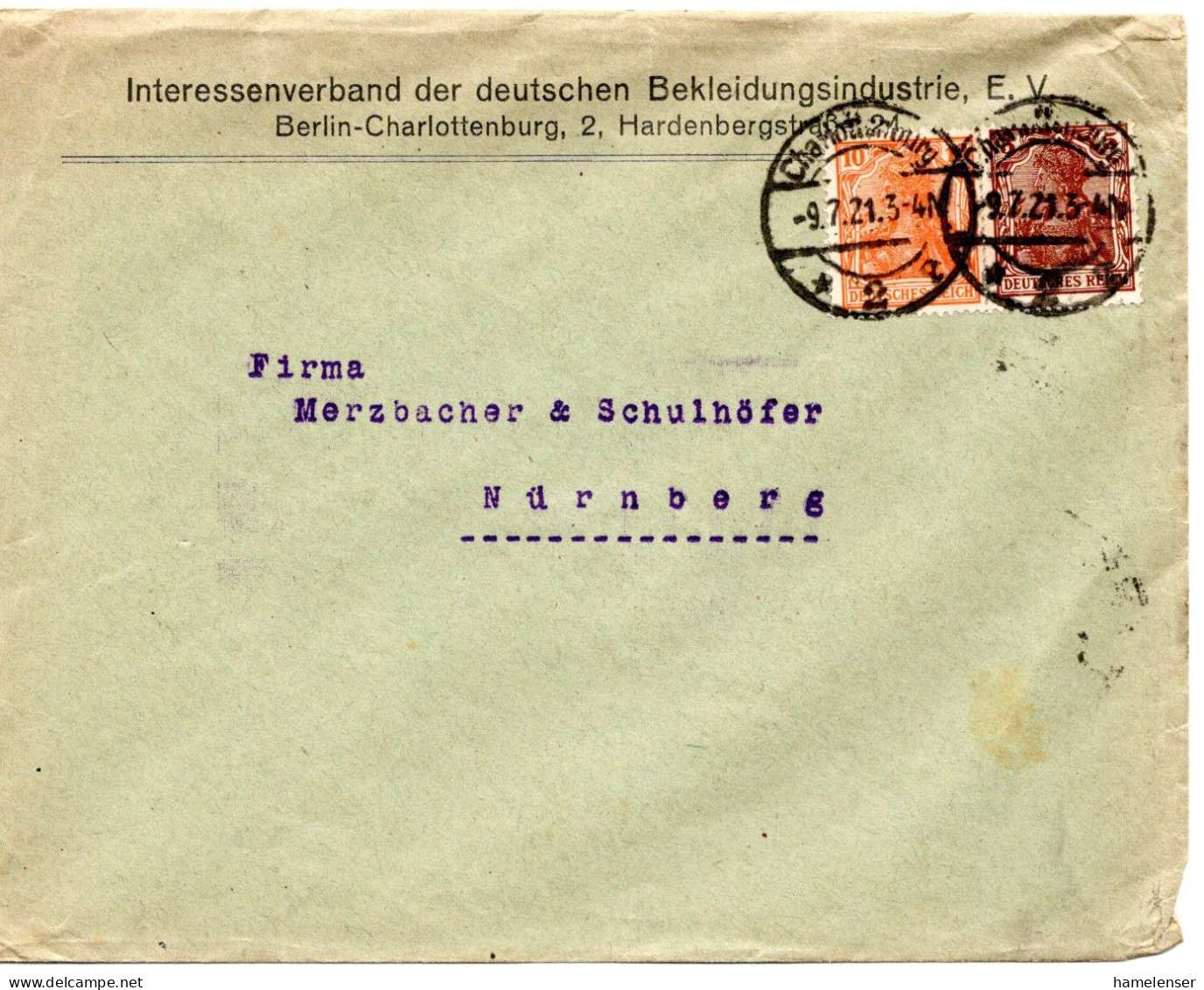 62139 - Deutsches Reich - 1921 - 10Pfg Germania MiF A Bf CHARLOTTENBURG -> Nuernberg - Covers & Documents