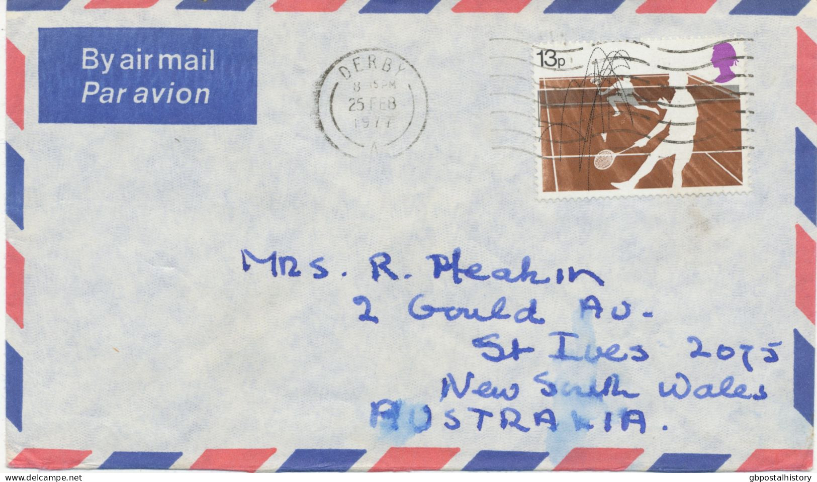 GB 1977, Tennis 13 P As Single Postage On Air Mail Cover From“DERBY“ To „ST. IVES, New South Wales, Australia“ - Entiers Postaux