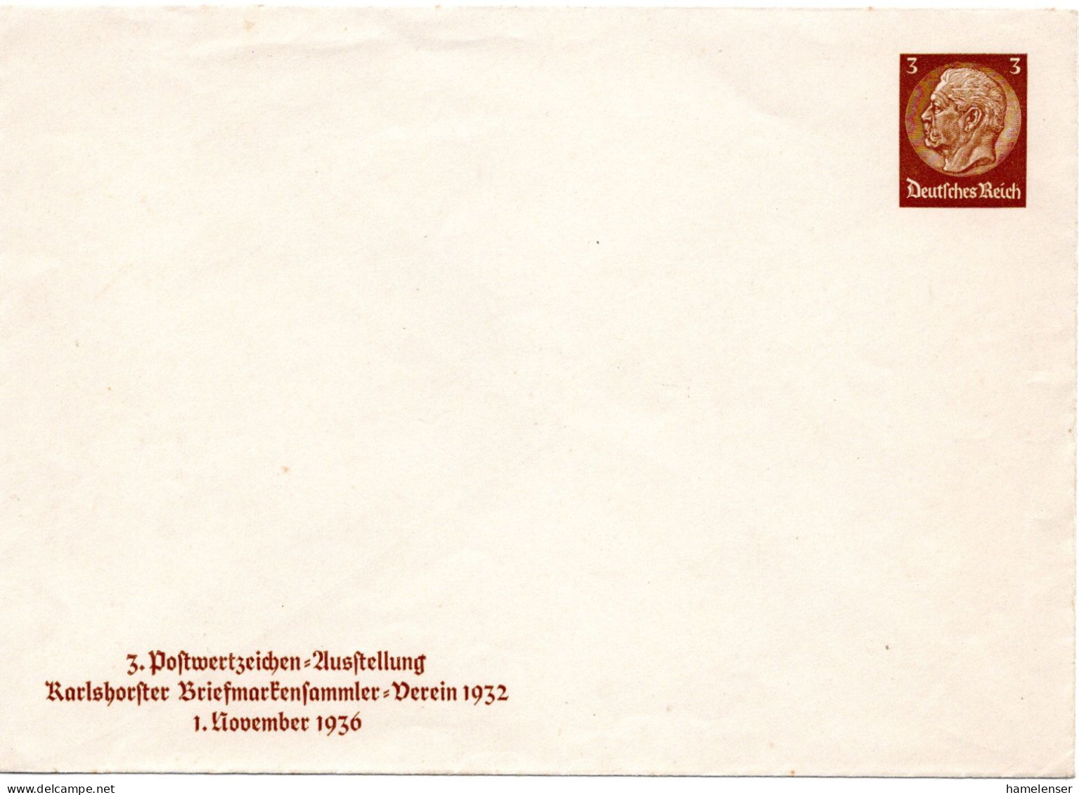 62145 - Deutsches Reich - 1936 - 3Pfg Hindenburg A PGAUmschlag "Karlshorster Briefmarkensammlerverein 1932", Ungebraucht - Privat-Ganzsachen