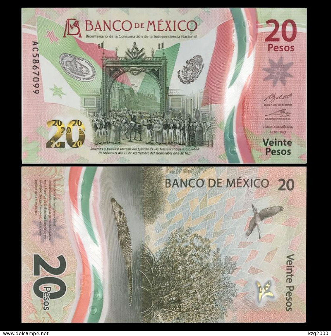 Mexico  2021 Plastic Banknotes Paper Money 20 Pesos   Polymer  UNC 1Pcs Banknote 200th Anniversary Of Independence - Zambia