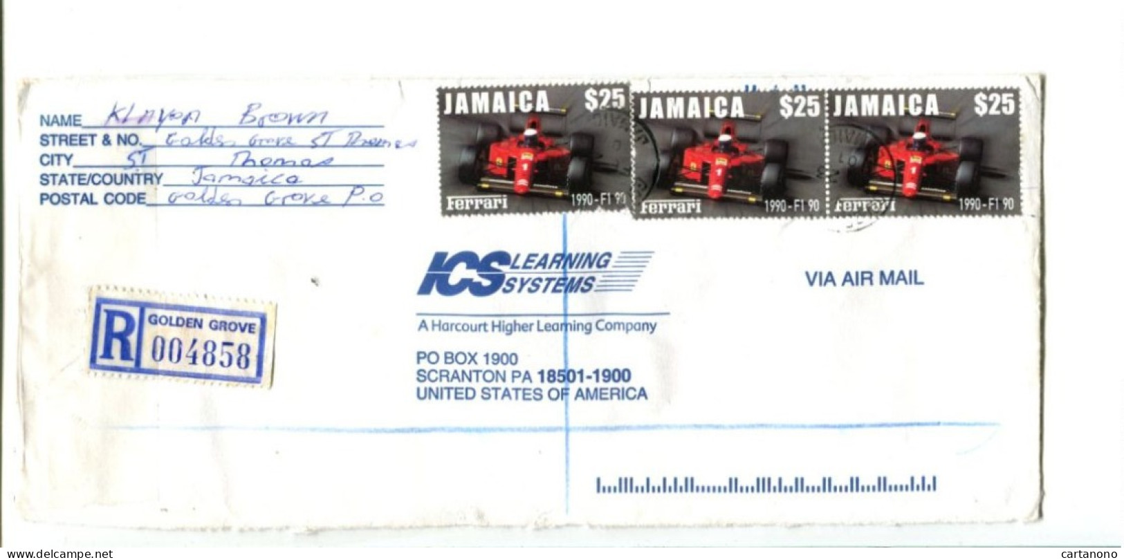 JAMAIQUE / Sport Automobile Formule 1 Ferrari - Affranchissement Sur Lettre Recommandée - Automobile