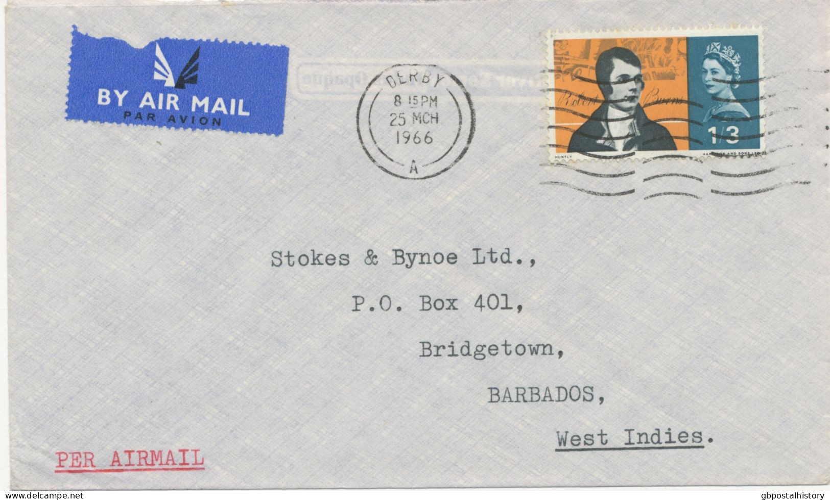 GB 1966 Robert Burns 1sh3d Rare Single Postage On Air Mail Cover From“DERBY“ To „BRIDGETOWN, Barbados“ (1sh3d Airmail - Entiers Postaux