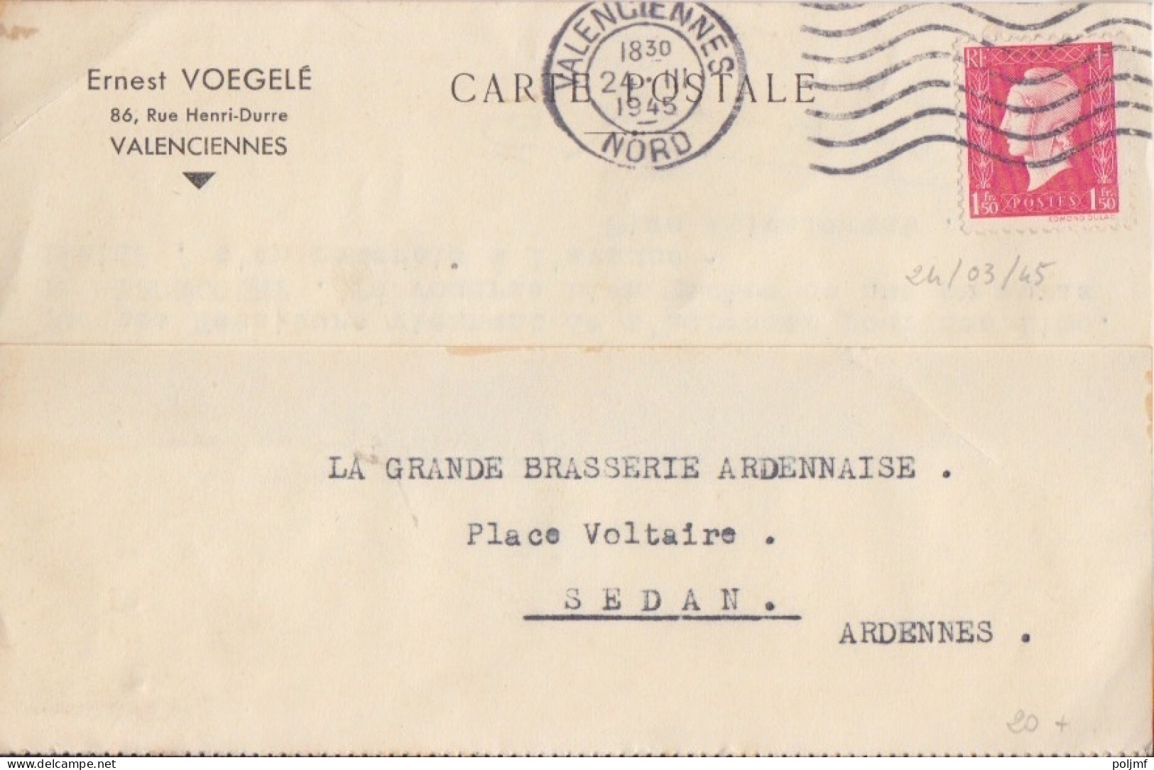 2 CP (E. Voegelé) Obl. Valenciennes Les 24 III Et 20/8/45 Sur 1f50 Dulac Rose N° 691 (Tarif Du 1/3/45) - 1944-45 Marianne Of Dulac