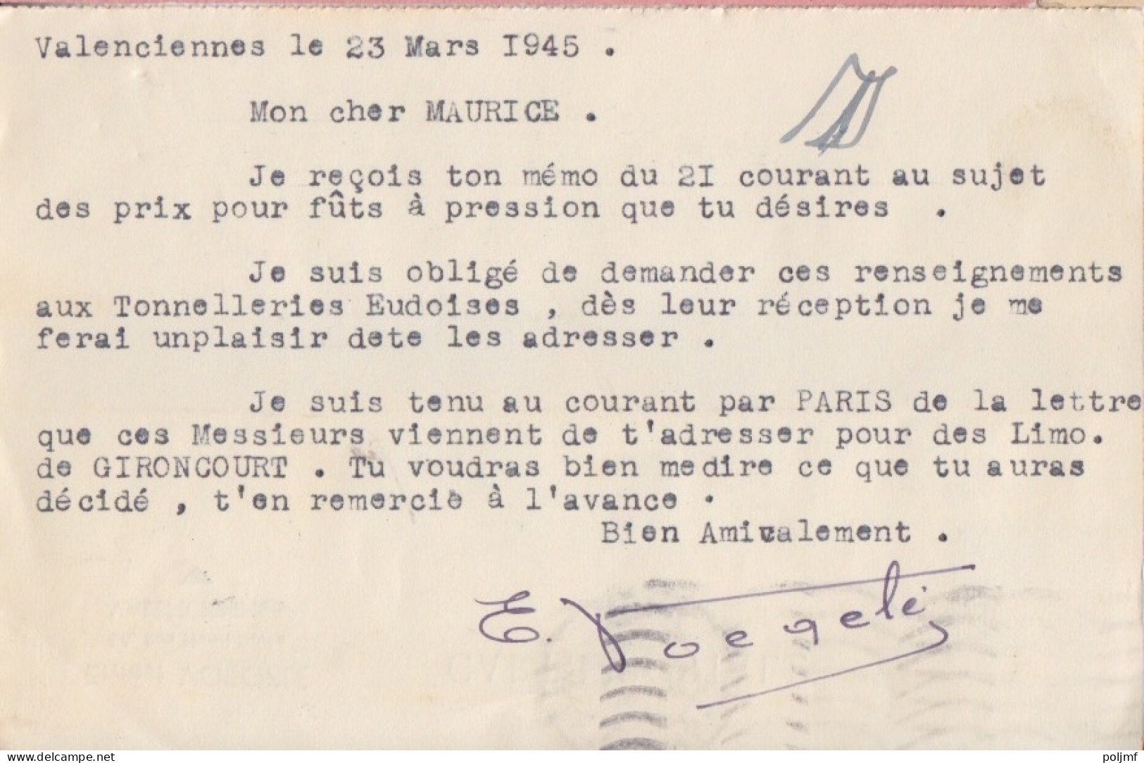 2 CP (E. Voegelé) Obl. Valenciennes Les 24 III Et 20/8/45 Sur 1f50 Dulac Rose N° 691 (Tarif Du 1/3/45) - 1944-45 Marianne Van Dulac