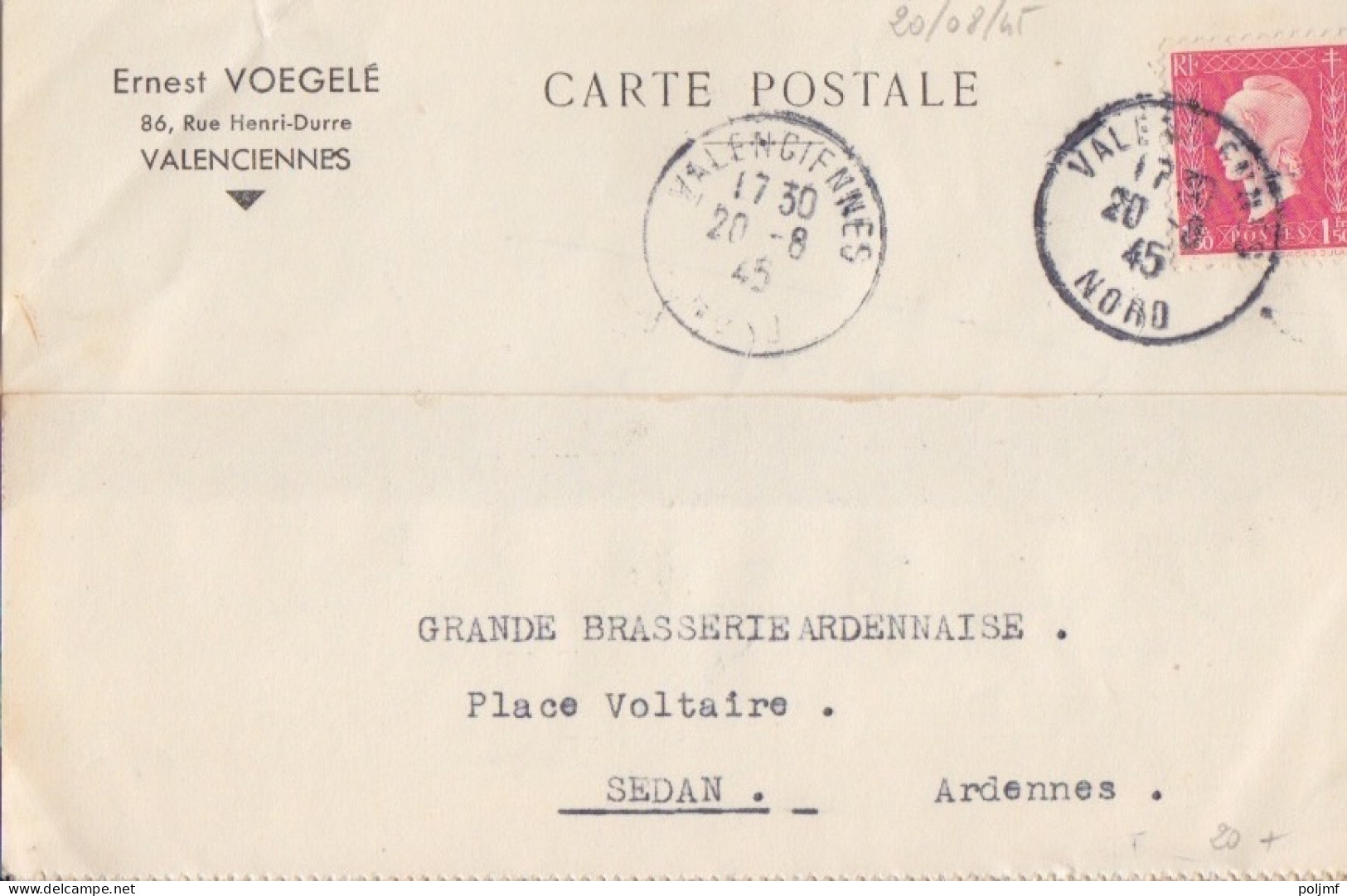 2 CP (E. Voegelé) Obl. Valenciennes Les 24 III Et 20/8/45 Sur 1f50 Dulac Rose N° 691 (Tarif Du 1/3/45) - 1944-45 Marianne De Dulac