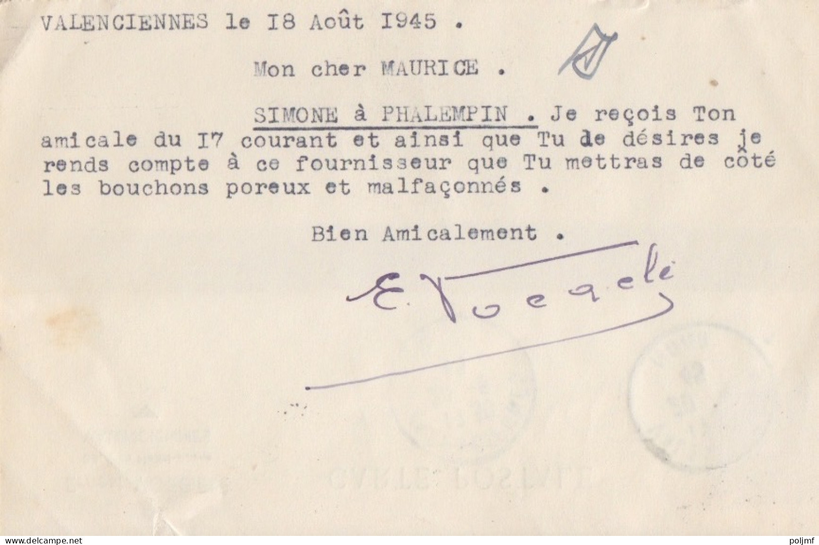 2 CP (E. Voegelé) Obl. Valenciennes Les 24 III Et 20/8/45 Sur 1f50 Dulac Rose N° 691 (Tarif Du 1/3/45) - 1944-45 Marianne Van Dulac