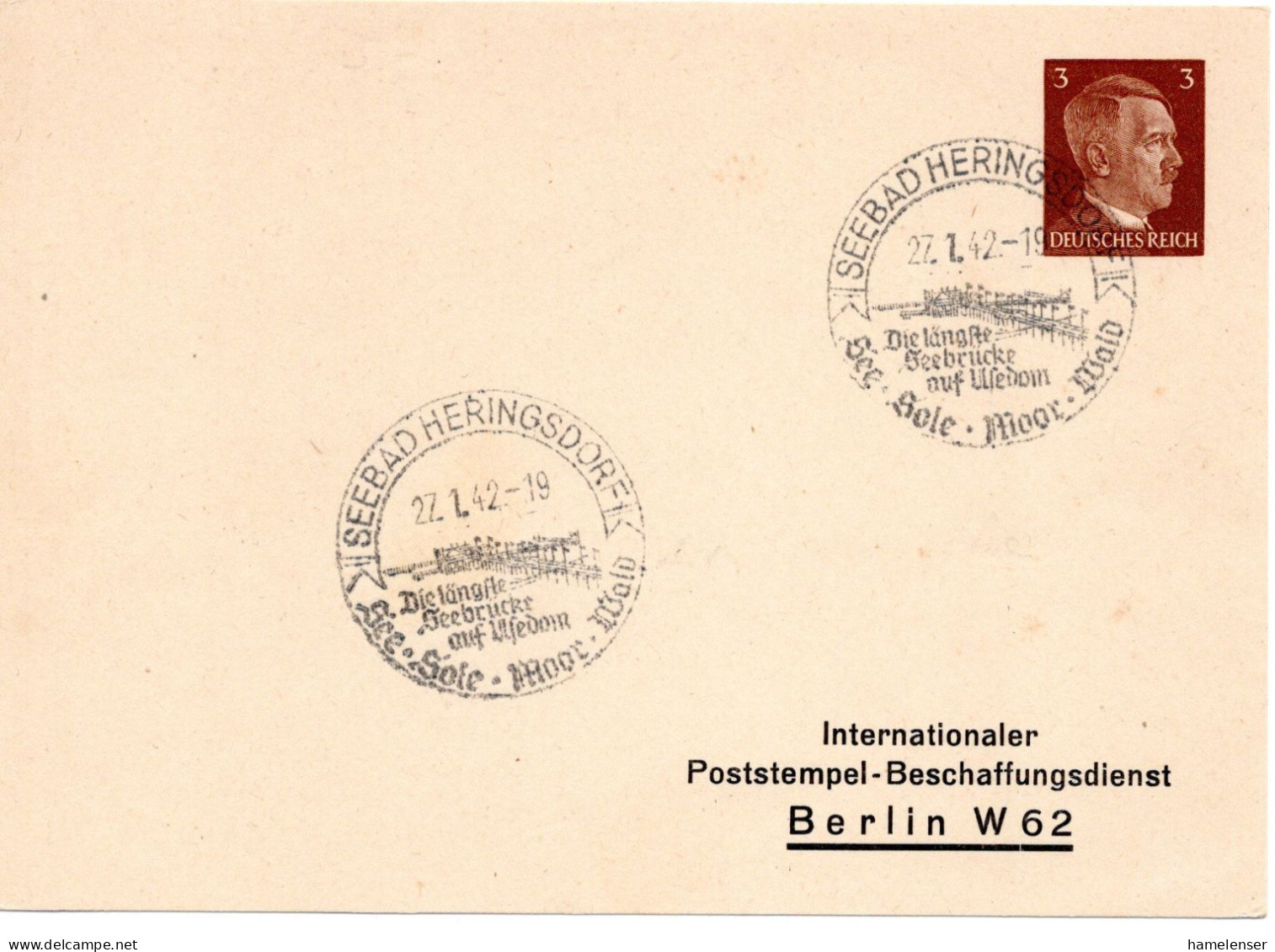 62151 - Deutsches Reich - 1942 - 3Pfg Hitler PGAKte HERINGSDORF - ...SEEBRUECKE AUF USEDOM -> Berlin - Brücken