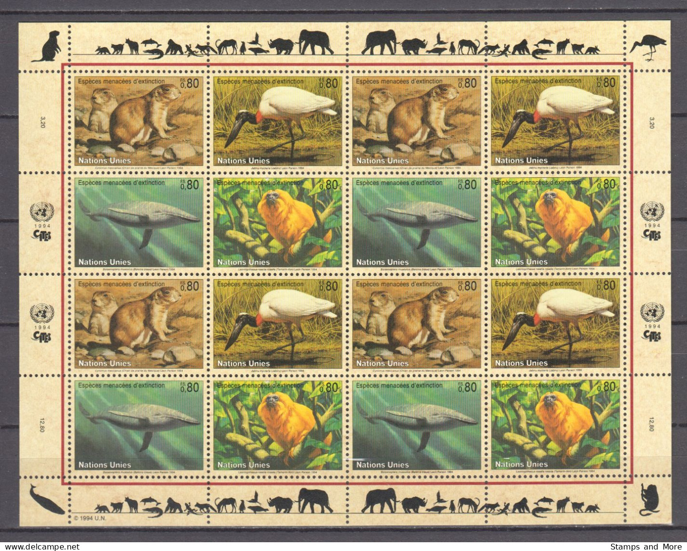 United Nations Geneva 1994 Kleinbogen Mi 245-248 MNH PRAIRY DOG - BLACK NECKED STORK BIRD - BLUE WHALE - TAMARIN MONKEY - Storchenvögel