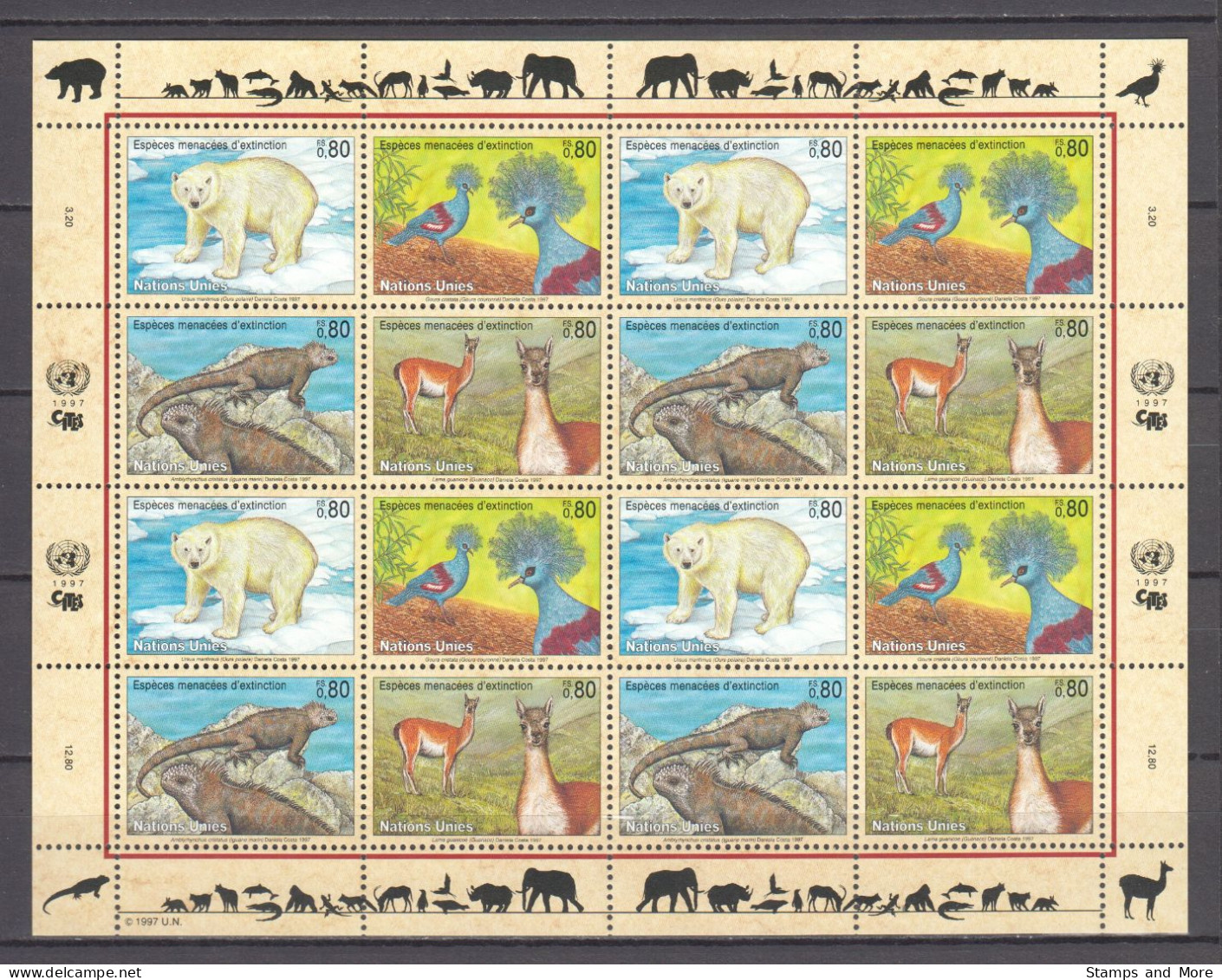 United Nations Geneva 1997 Kleinbogen Mi 305-308 MNH POLAR BEAR - CROWN PIGEON BIRD - SEA IGUANO - LAMA - Apen