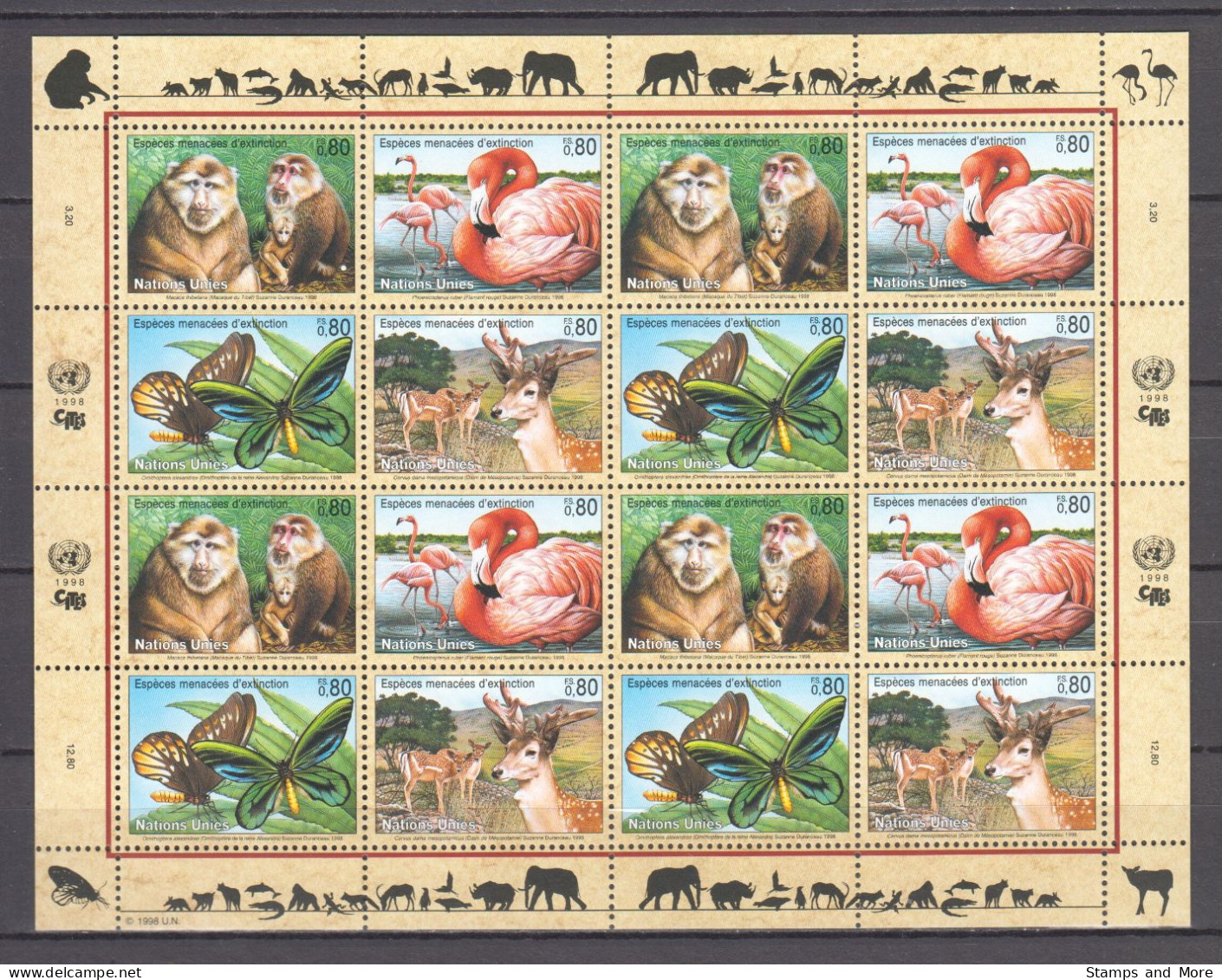 United Nations Geneva 1998 Kleinbogen Mi 330-333 MNH MACAQUE MONKEY - FLAMINGO BIRDS - BUTTERFLIES - DEER - Fenicotteri