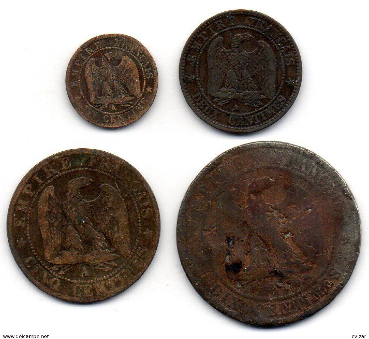 FRANCE, Set Of Four Coins 1, 2, 5, 10 Centimes, Bronze, Year 1854-A, 1855-A,  KM # 775.1, 776.1, 777.1, 771.1 - Other & Unclassified