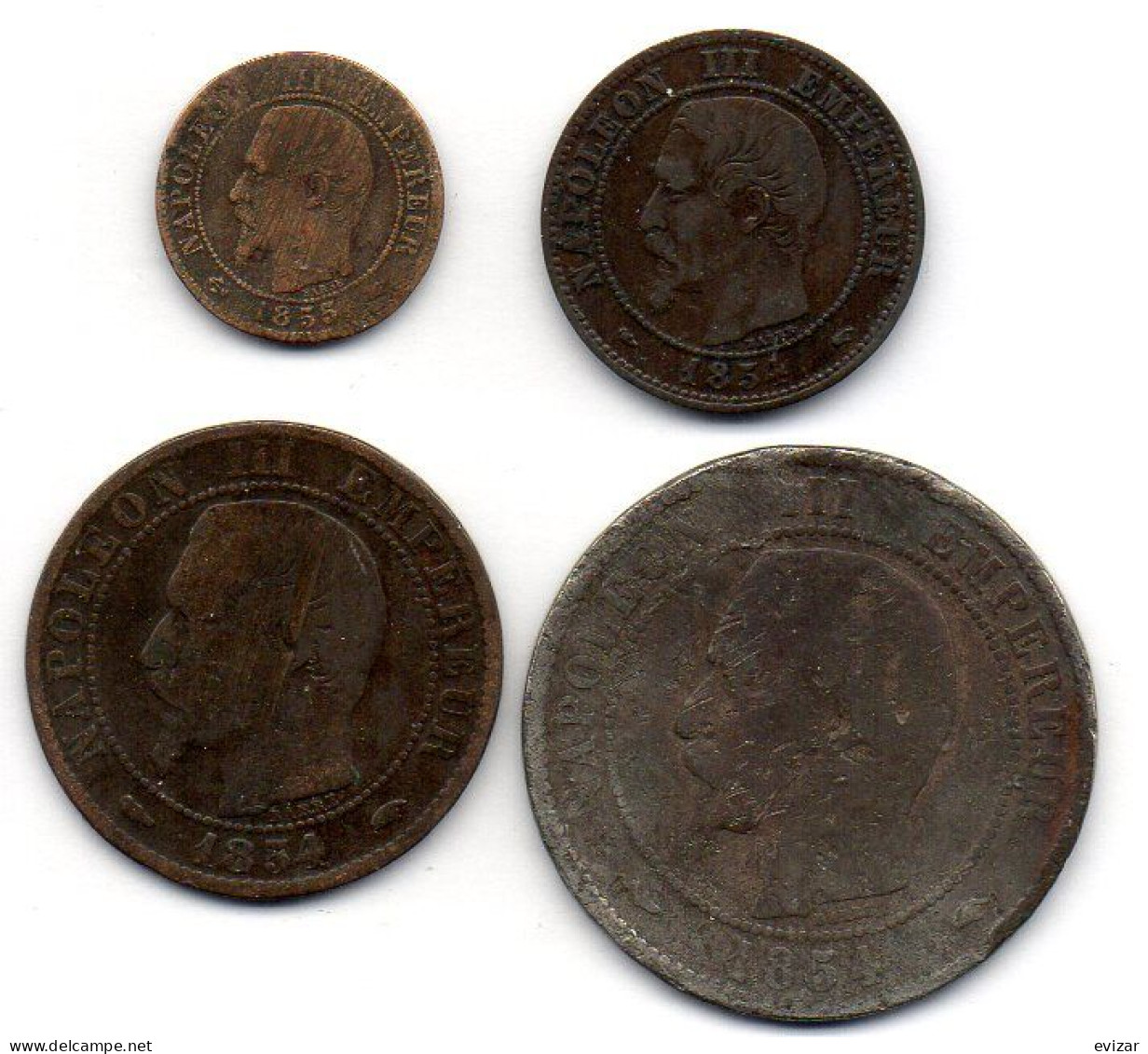 FRANCE, Set Of Four Coins 1, 2, 5, 10 Centimes, Bronze, Year 1854-A, 1855-A,  KM # 775.1, 776.1, 777.1, 771.1 - Other & Unclassified