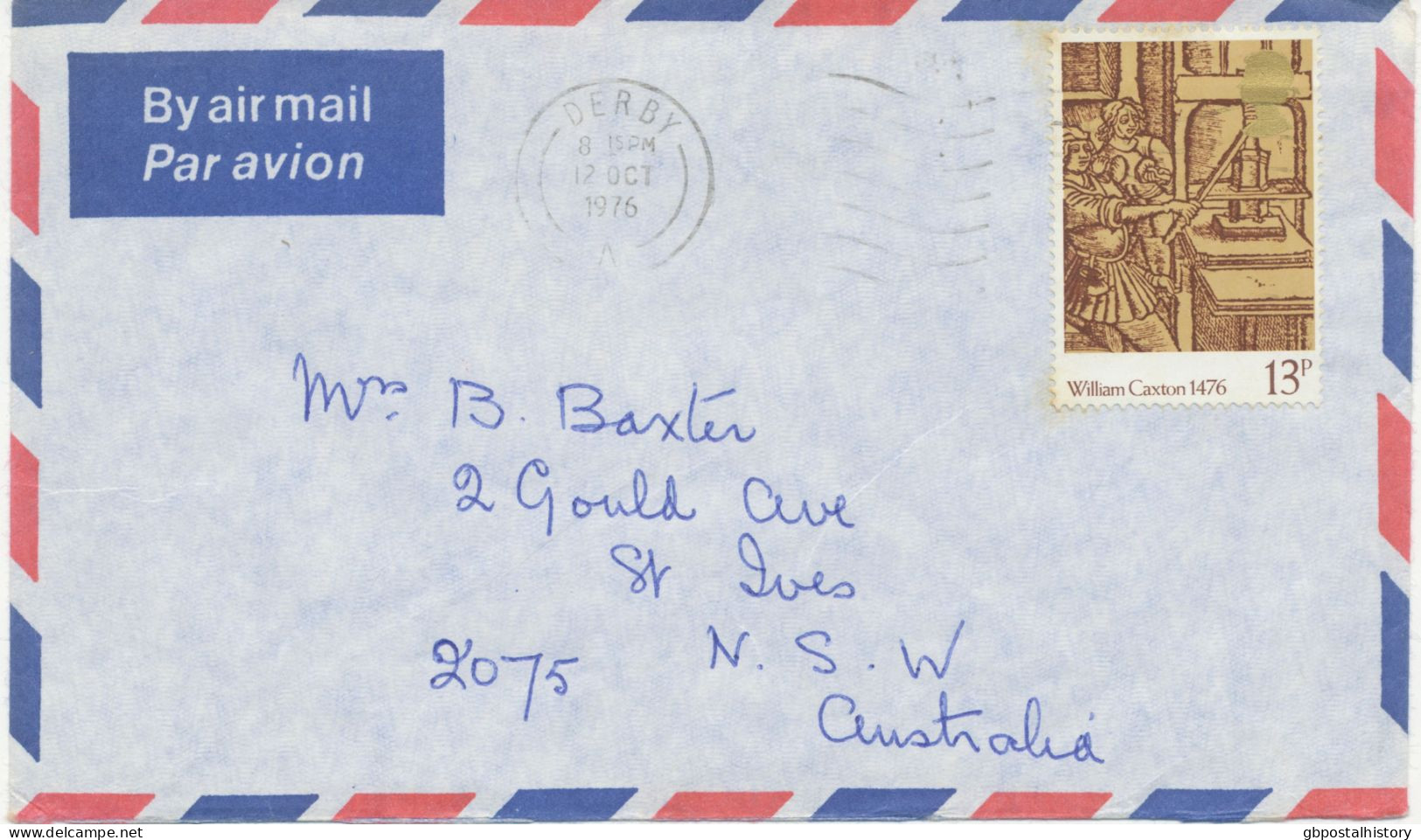 GB 12.101976, William Caxton 13p As Single Postage On Air Mail Cover (creased) From“DERBY“ To „ST. IVES, New South Wales - Entiers Postaux
