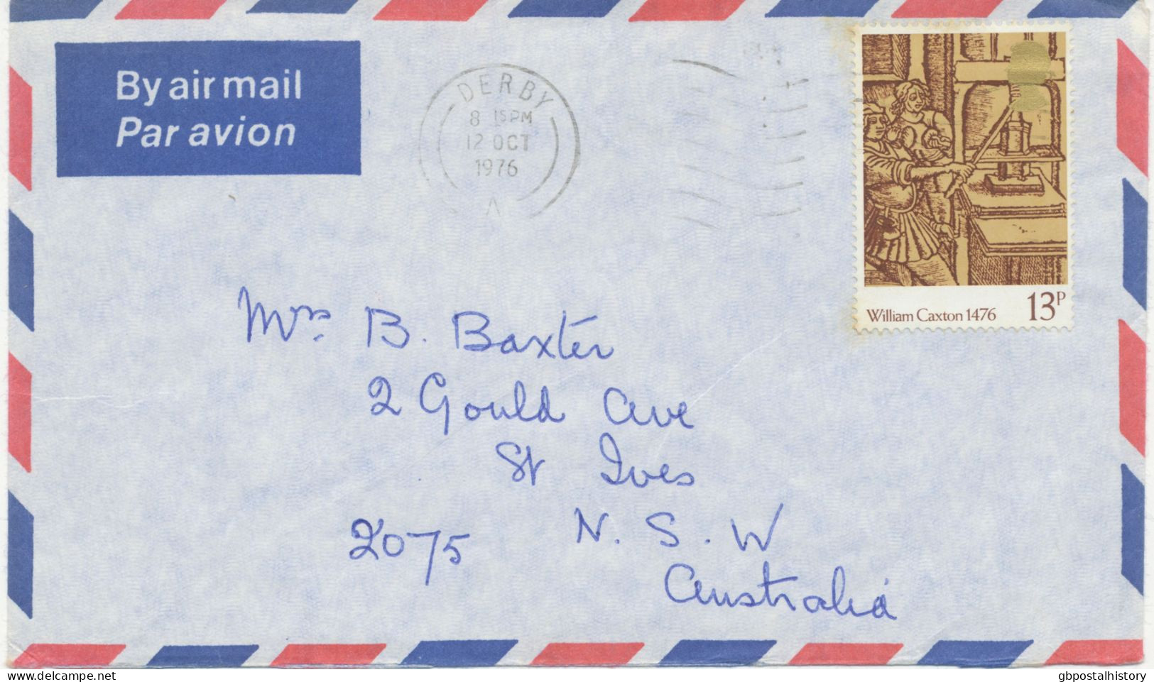 GB 12.101976, William Caxton 13p As Single Postage On Air Mail Cover (creased) From“DERBY“ To „ST. IVES, New South Wales - Postwaardestukken