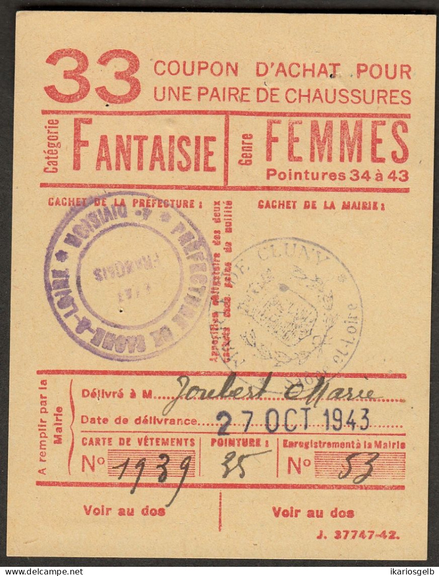 Coupon D'achat 1943 Cluny ( Saone-et-Loire ) " Chaussures Fantaisie Pour Femmes  " Carte Ravitaillement - Specimen