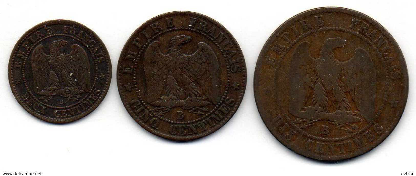 FRANCE, Set Of Three Coins 2, 5, 10 Centimes, Bronze, Year 1853-B, 1854-B, 1856-B,  KM # 776.2, 777.2, 771.2 - Other & Unclassified