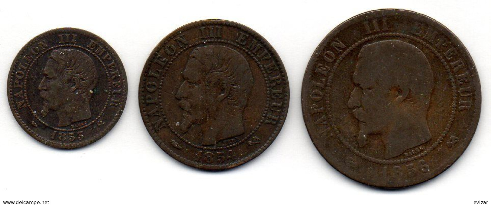 FRANCE, Set Of Three Coins 2, 5, 10 Centimes, Bronze, Year 1853-B, 1854-B, 1856-B,  KM # 776.2, 777.2, 771.2 - Other & Unclassified