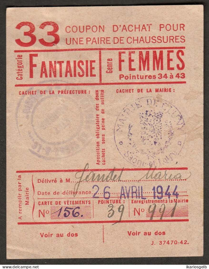 Coupon D'achat 1944 Cluny ( Saone-et-Loire ) " Chaussures Fantaisie Pour Femmes  " Carte Ravitaillement - Fictifs & Spécimens