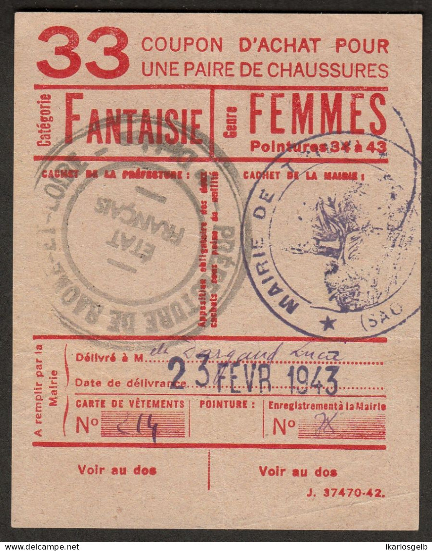 Coupon D'achat 1943 Cluny ( Saone-et-Loire ) " Chaussures Fantaisie Pour Femmes  " Carte Ravitaillement - Fiktive & Specimen