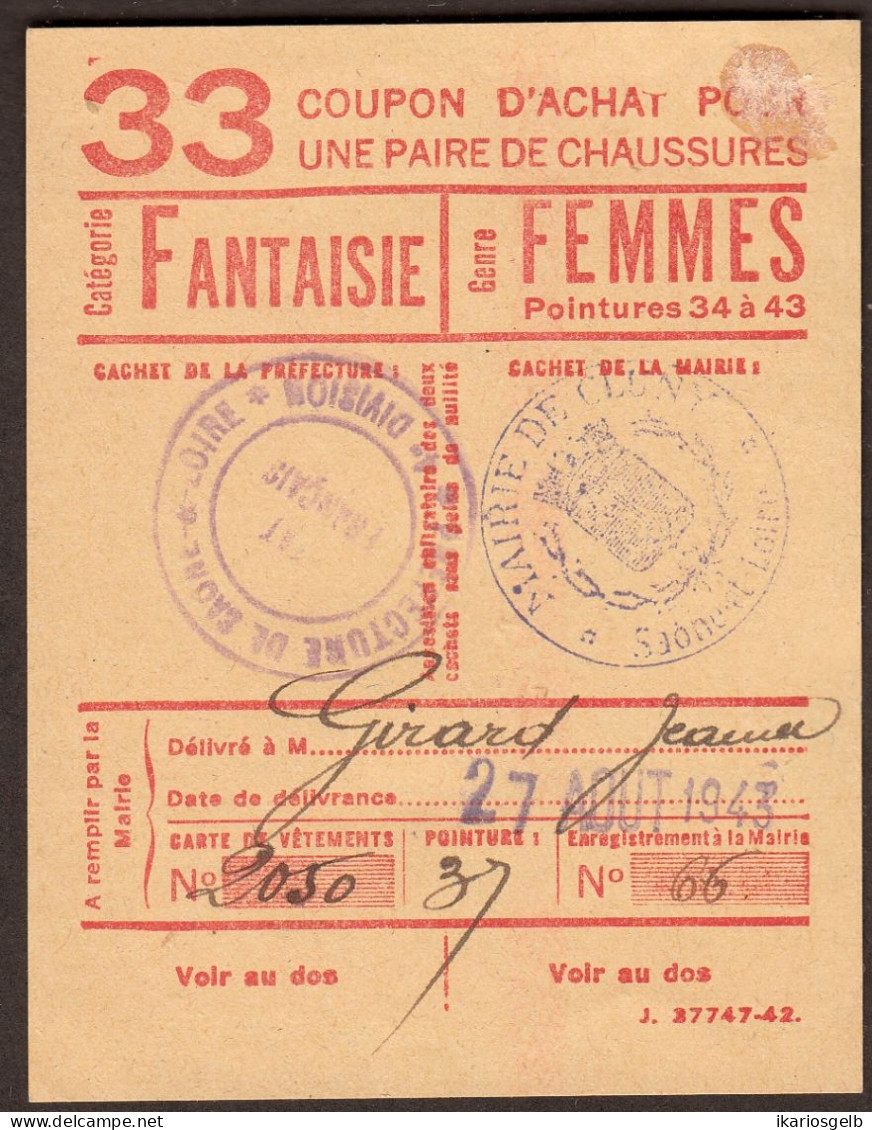 Coupon D'achat 1943 Cluny ( Saone-et-Loire ) " Chaussures Fantaisie Pour Femmes  " Carte Ravitaillement - Fictifs & Spécimens