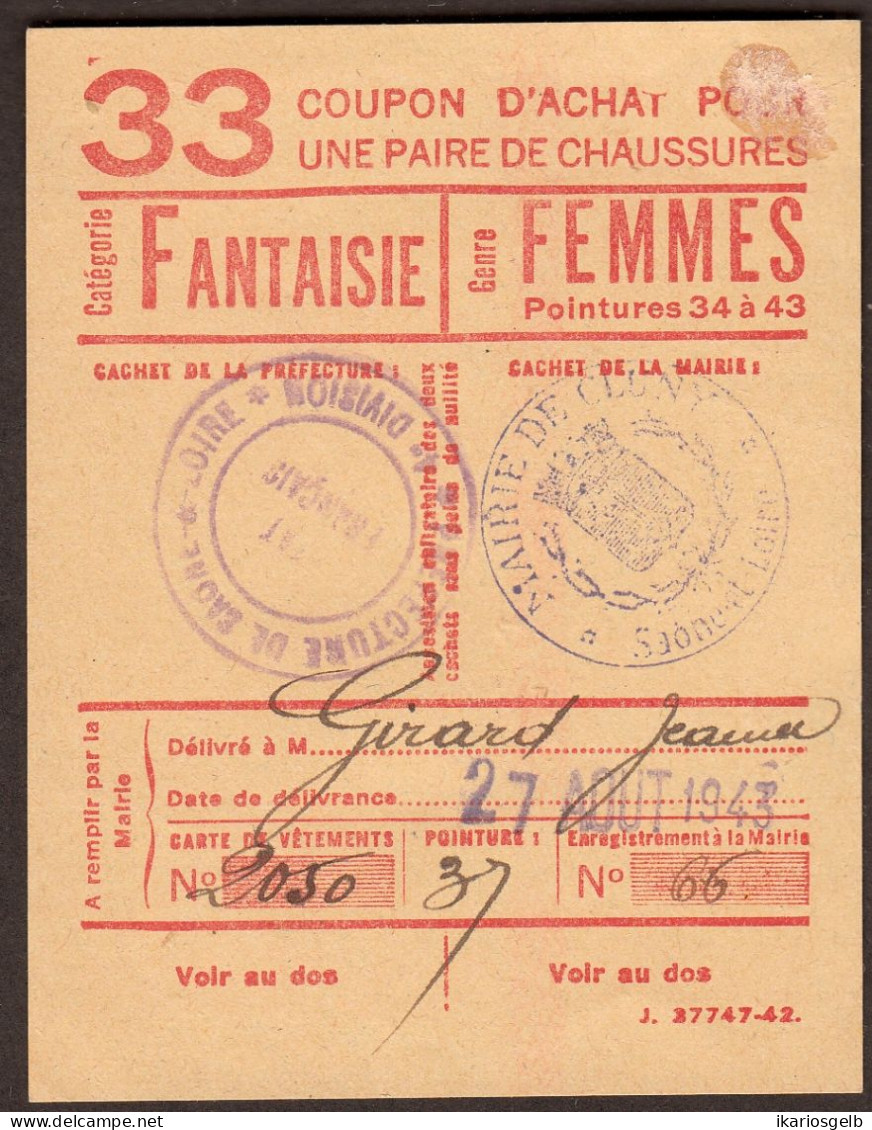 Coupon D'achat 1943 Cluny ( Saone-et-Loire ) " Chaussures Fantaisie Pour Femmes  " Carte Ravitaillement - Ficción & Especímenes